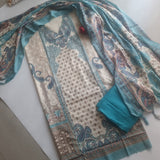 Blue Printed Pashmina Unstitched suit set