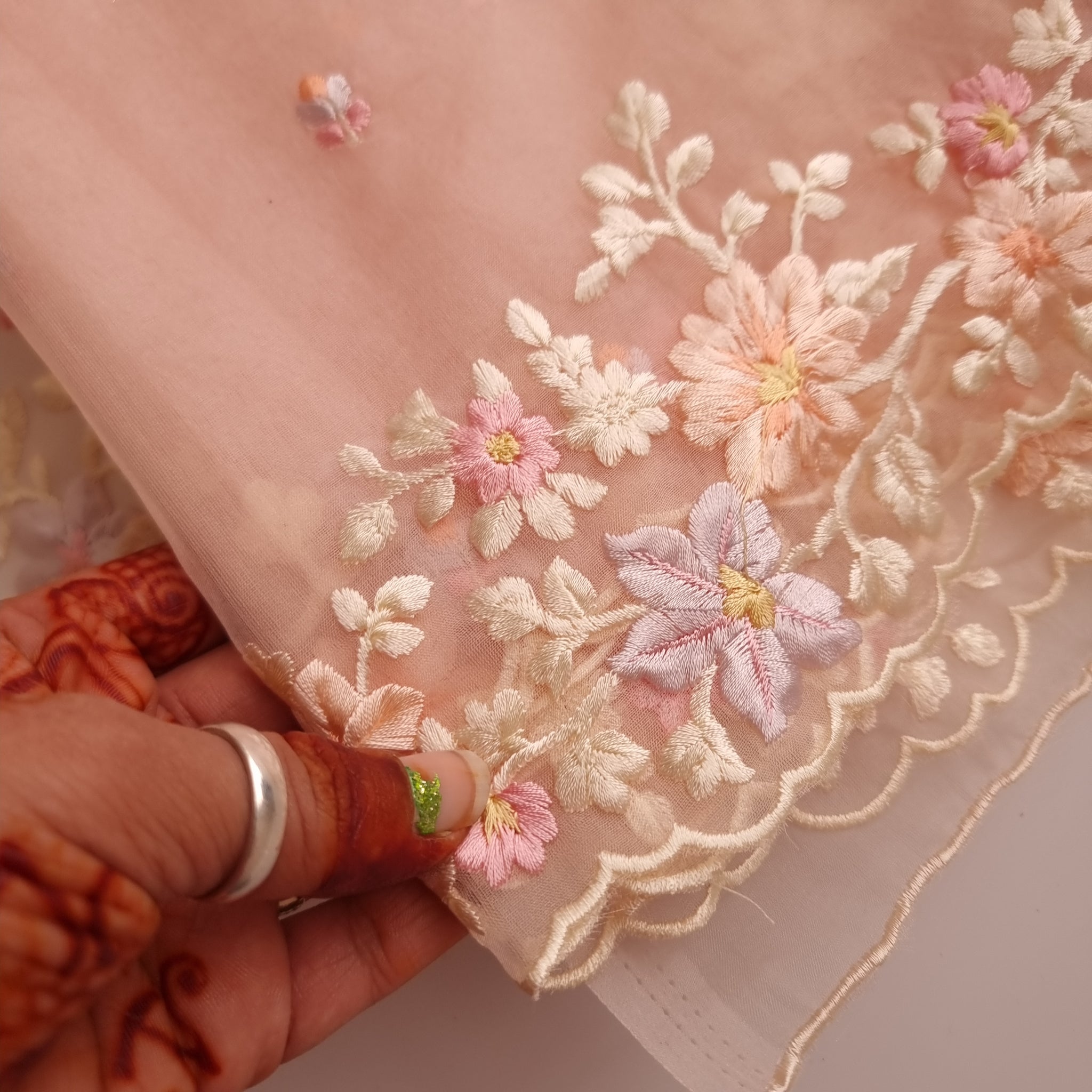 Peach Pink Parsi Embroidery on tissue fabric Unstitched Suit Material - 3 Piece set for women