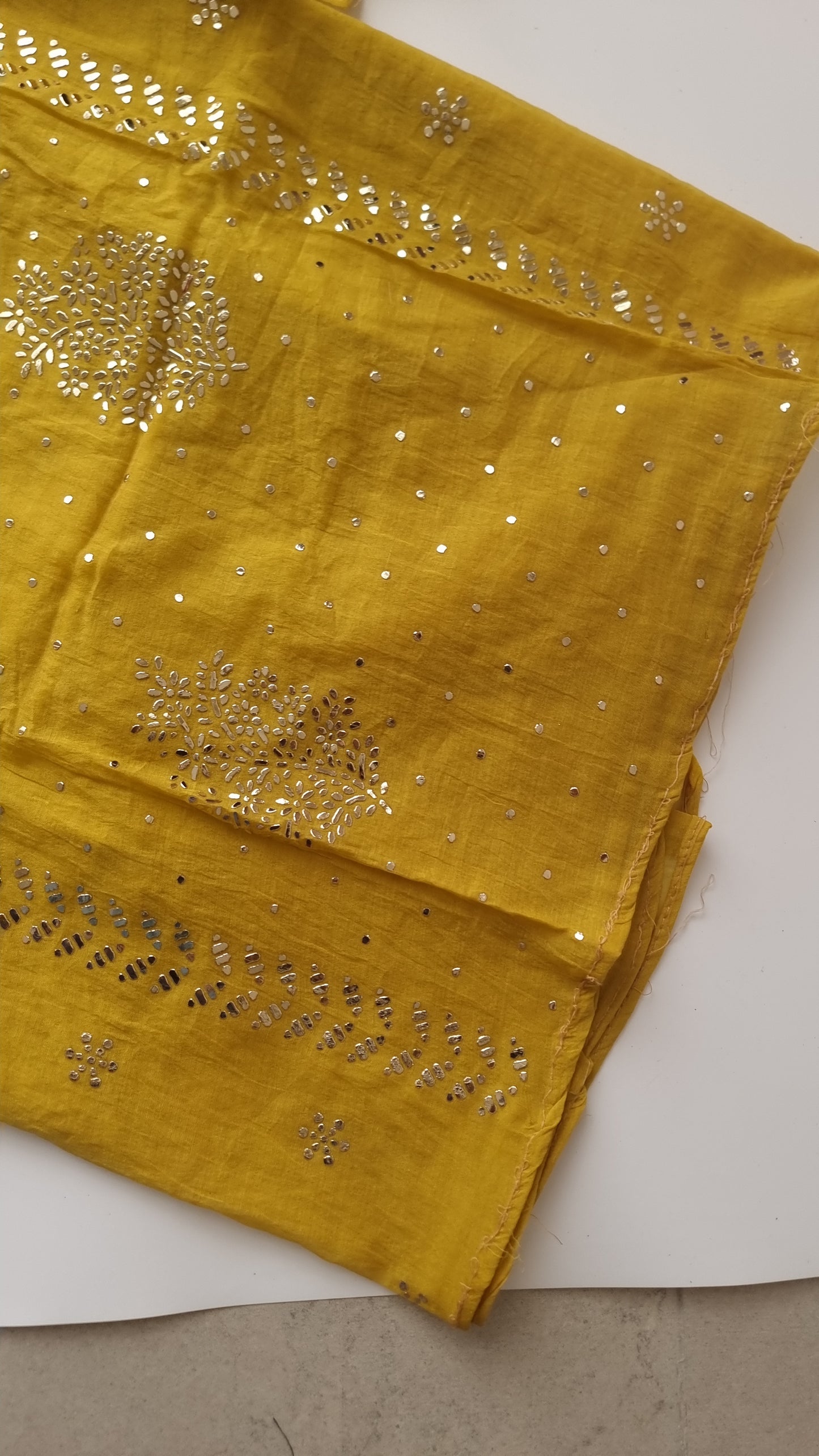 Yellow Mul Chanderi dress material with  Pasted mukaish work