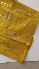 Yellow Mul Chanderi dress material with  Pasted mukaish work