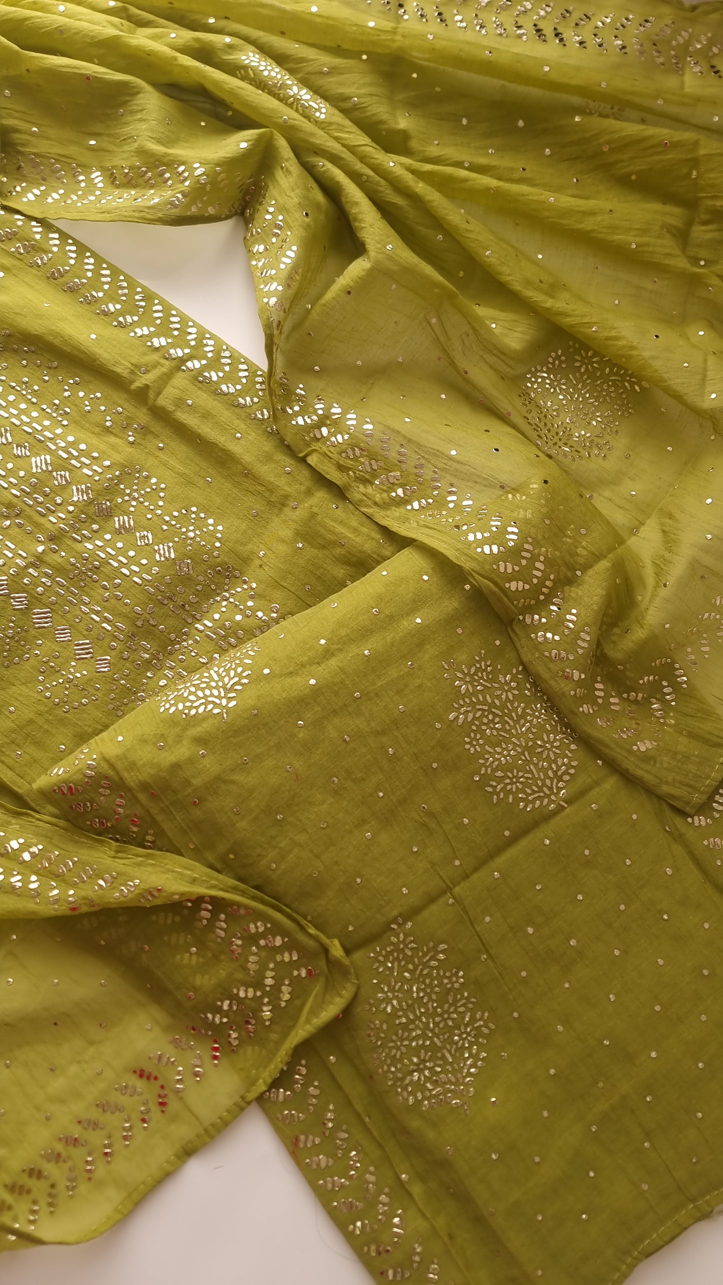 Green Mul Chanderi dress material with  Pasted mukaish work