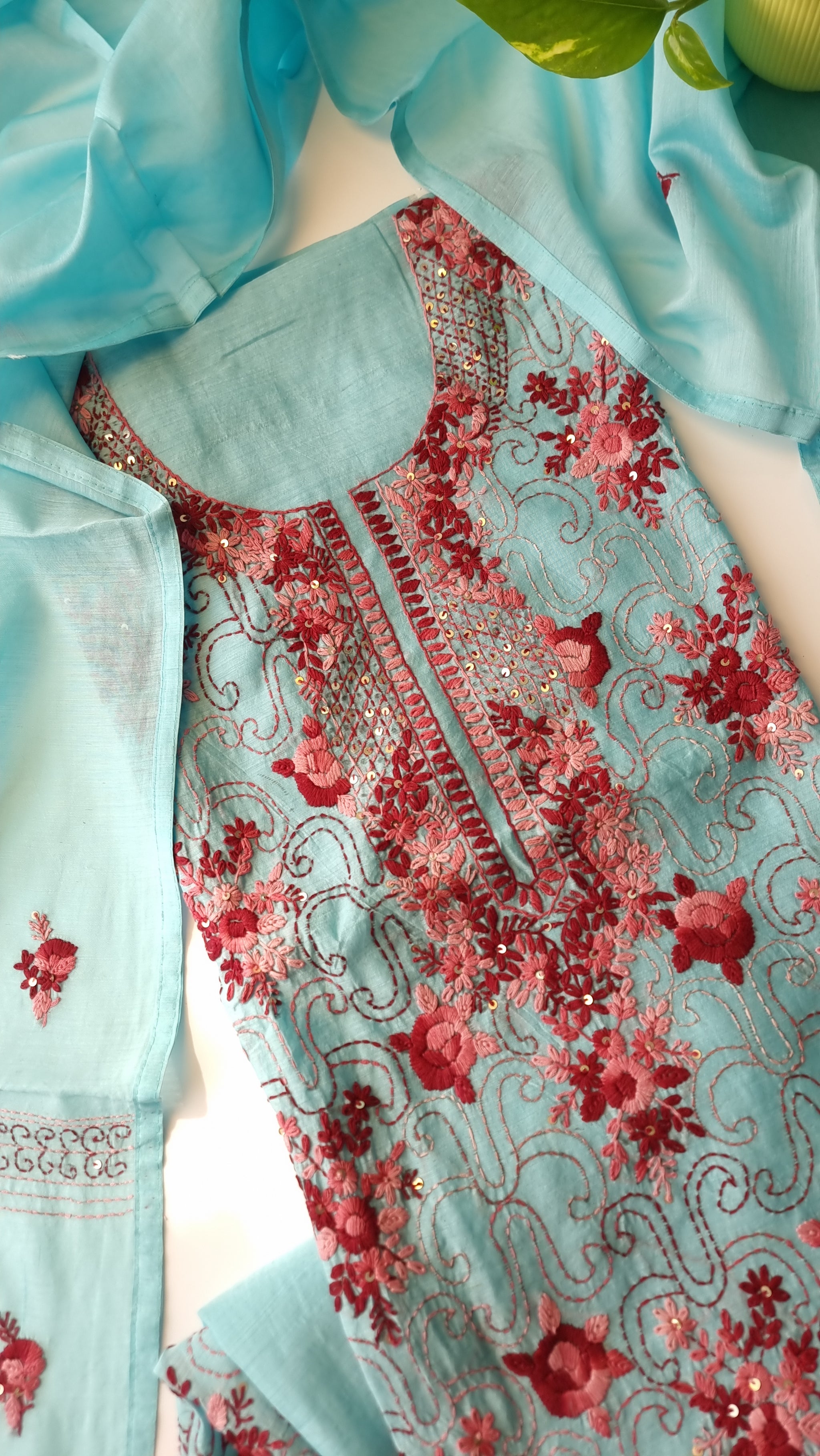 Chanderi knot embroidery Unstitched suit material