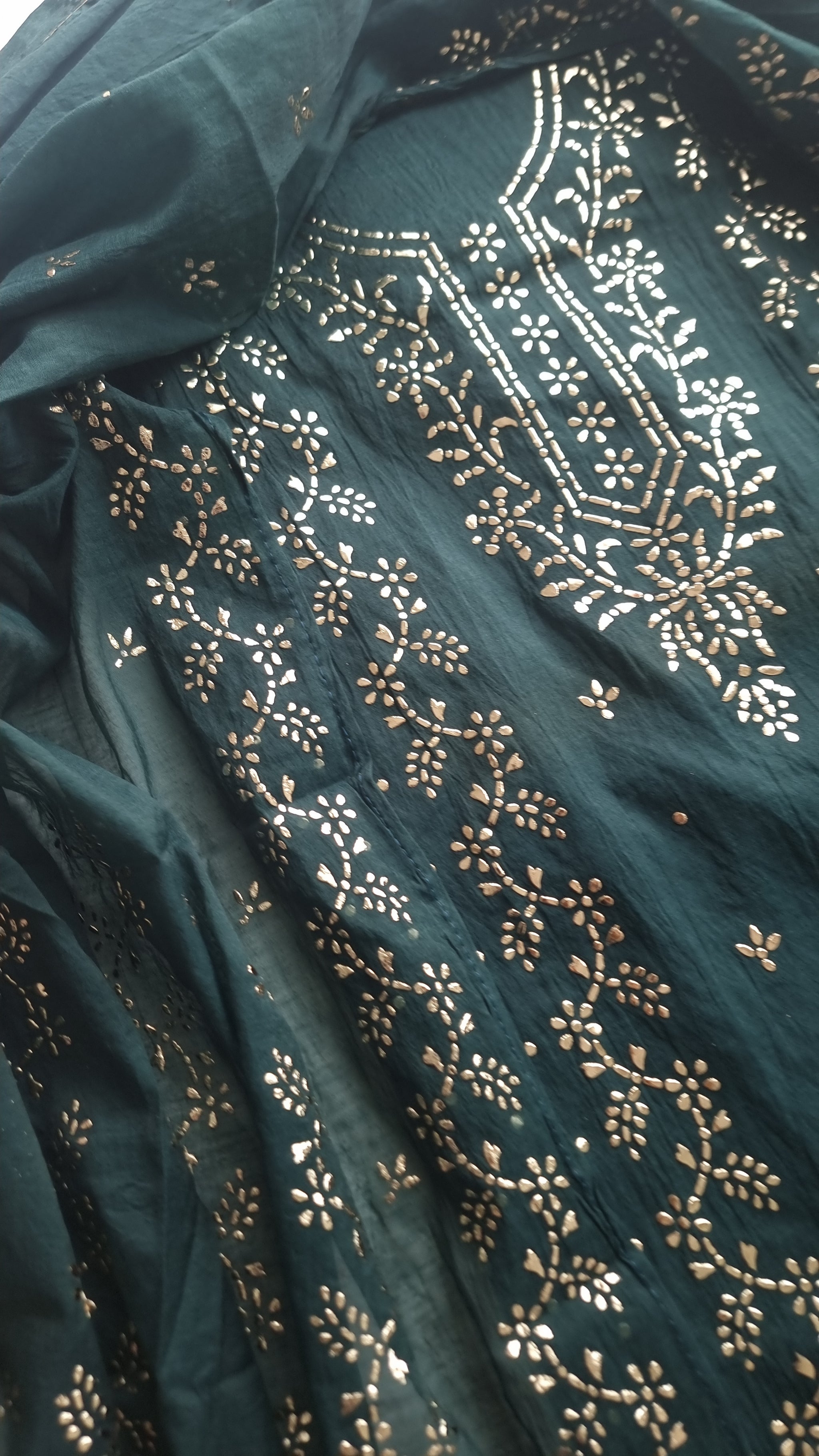 Peacock color Mul Chanderi dress material with  Pasted mukaish work