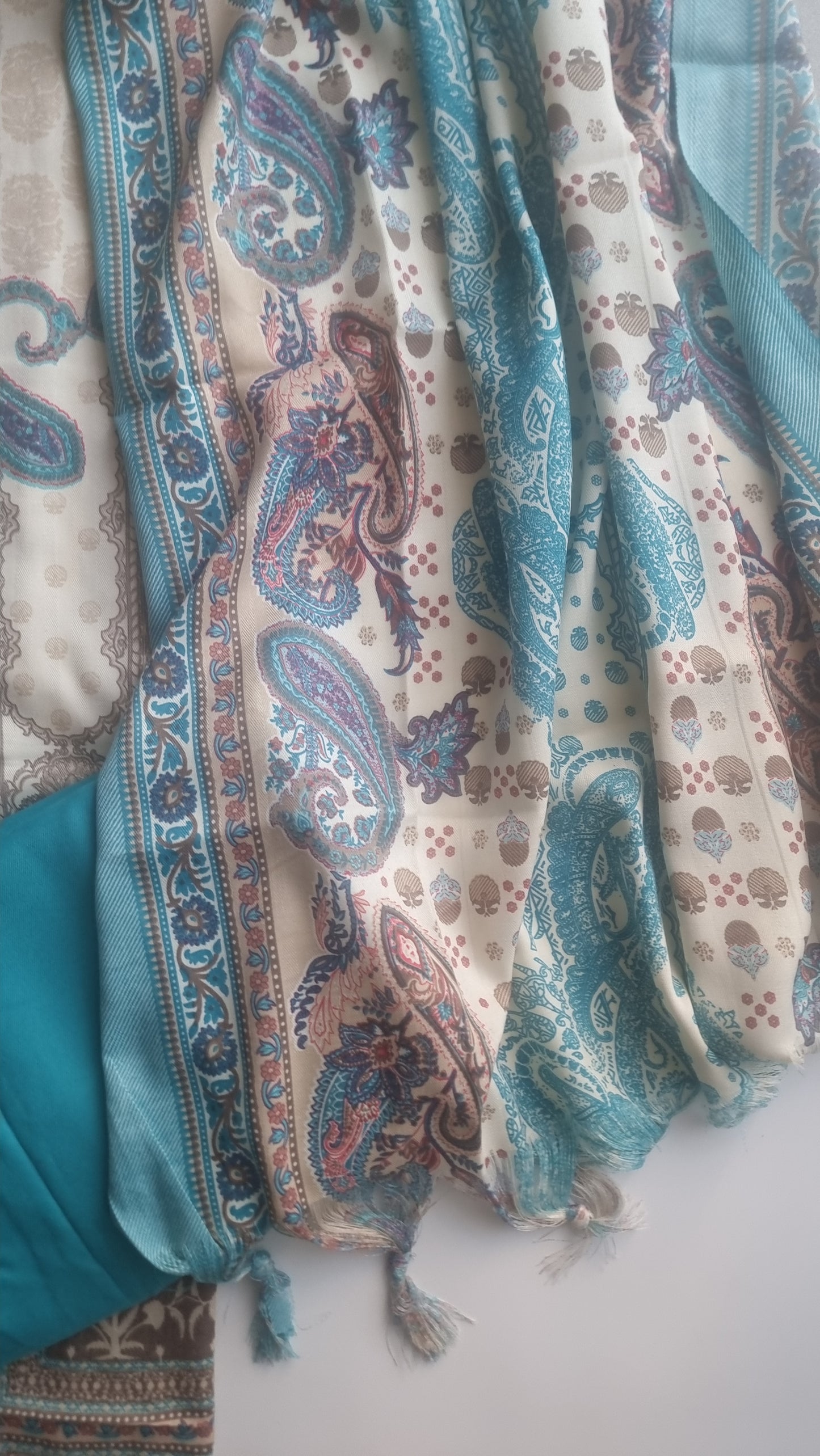 Blue Printed Pashmina Unstitched suit set