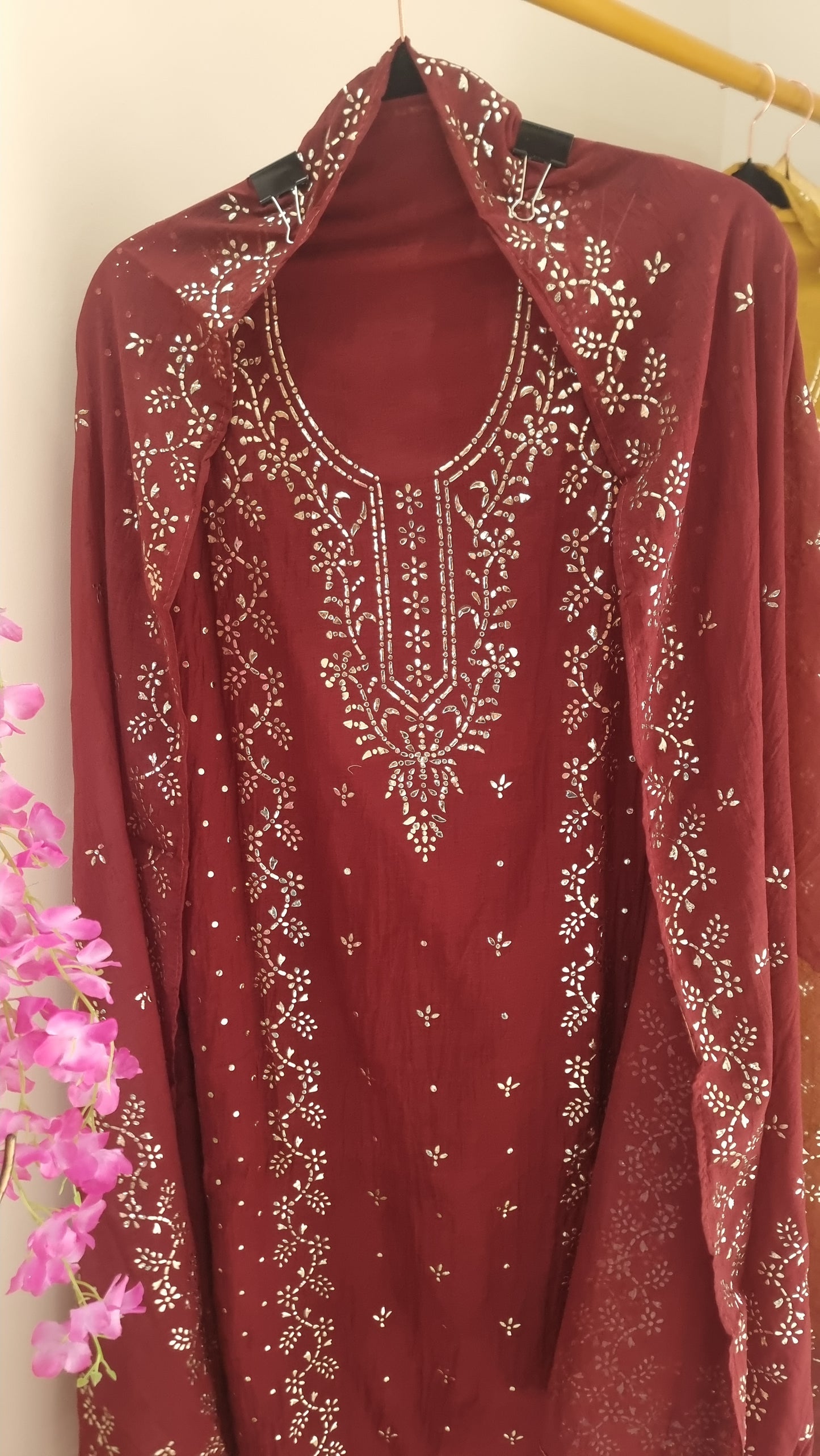 Maroon Mul Chanderi dress material with  Pasted mukaish work