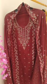 Maroon Mul Chanderi dress material with  Pasted mukaish work