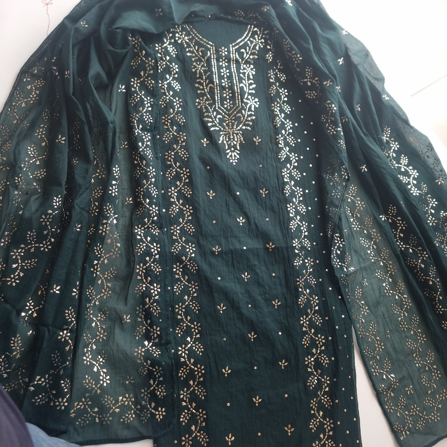Peacock color Mul Chanderi dress material with  Pasted mukaish work