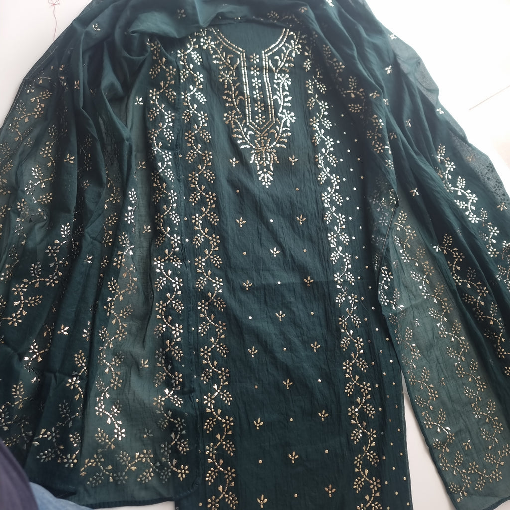 Peacock color Mul Chanderi dress material with  Pasted mukaish work