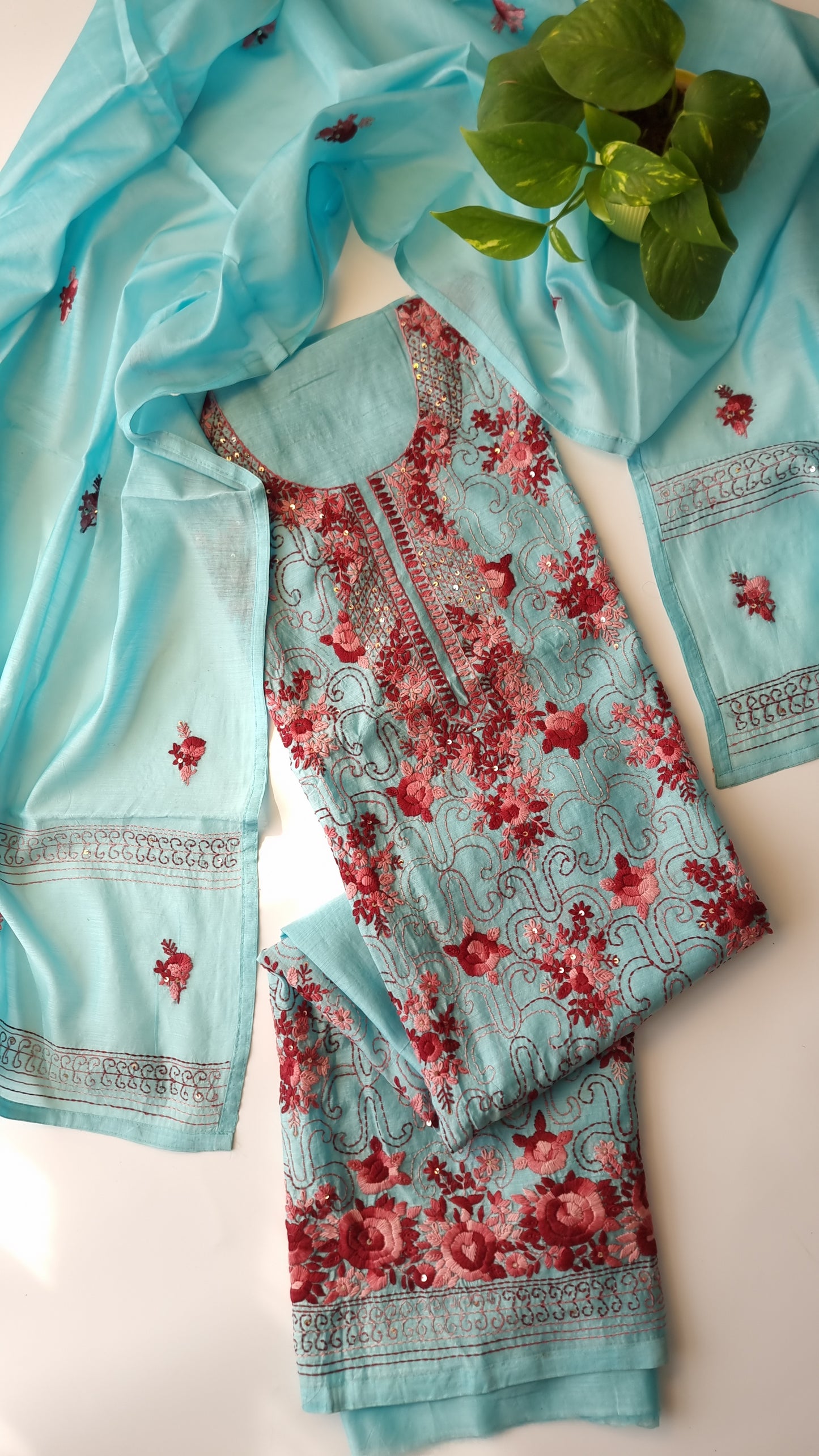 Chanderi knot embroidery Unstitched suit material