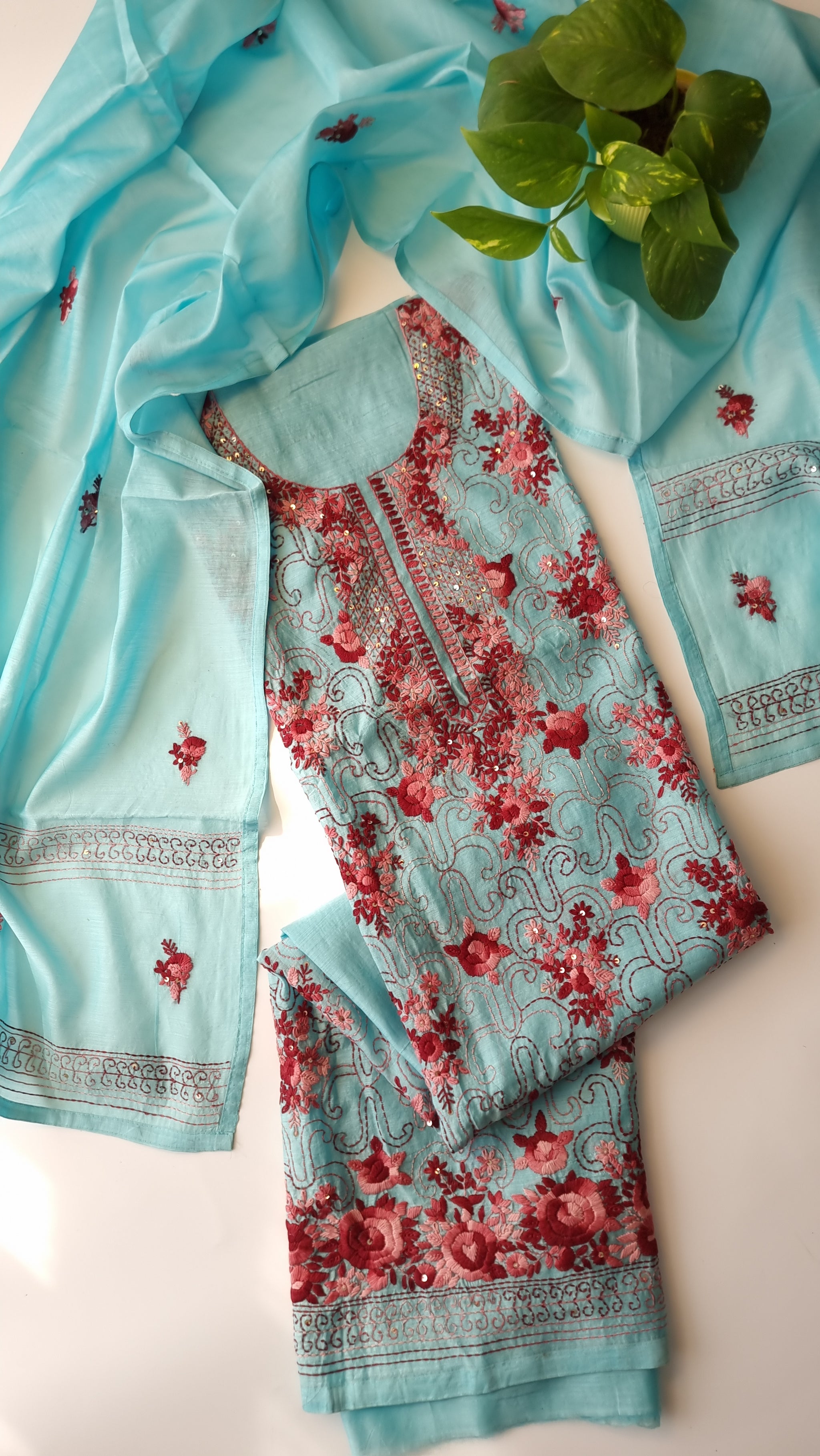 Chanderi knot embroidery Unstitched suit material