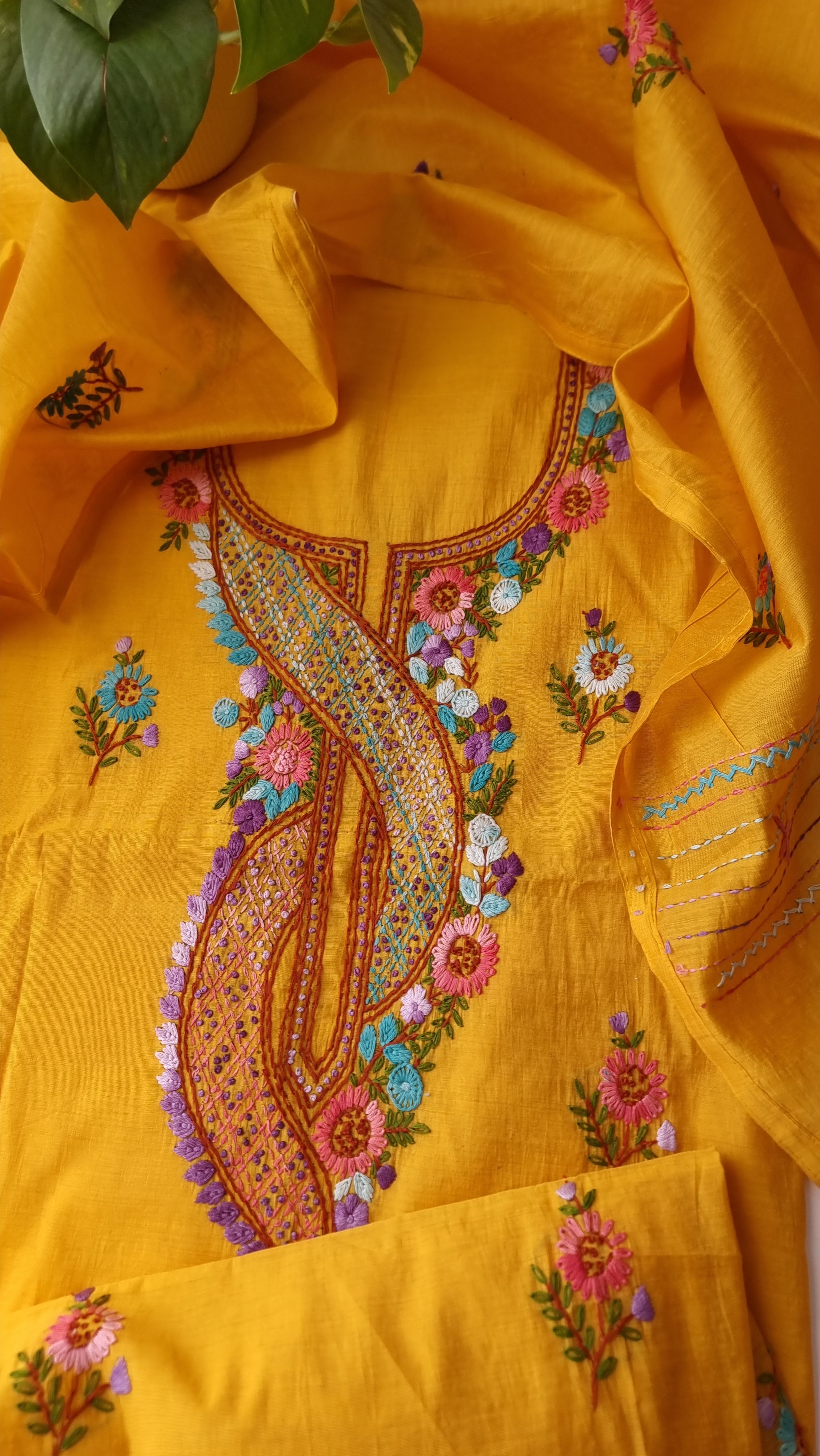 Chanderi knot embroidery Unstitched suit material