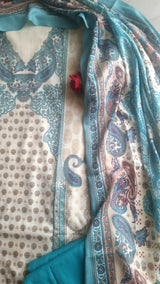 Blue Printed Pashmina Unstitched suit set