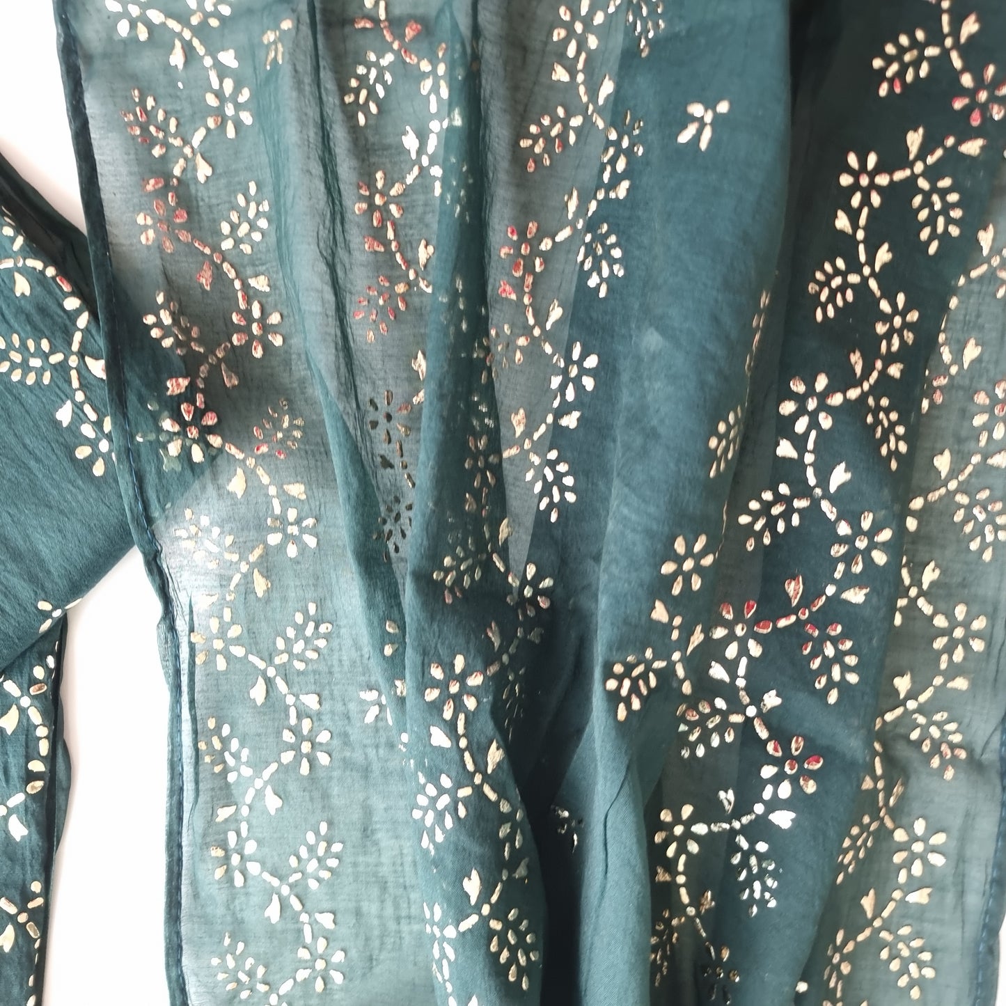 Peacock color Mul Chanderi dress material with  Pasted mukaish work