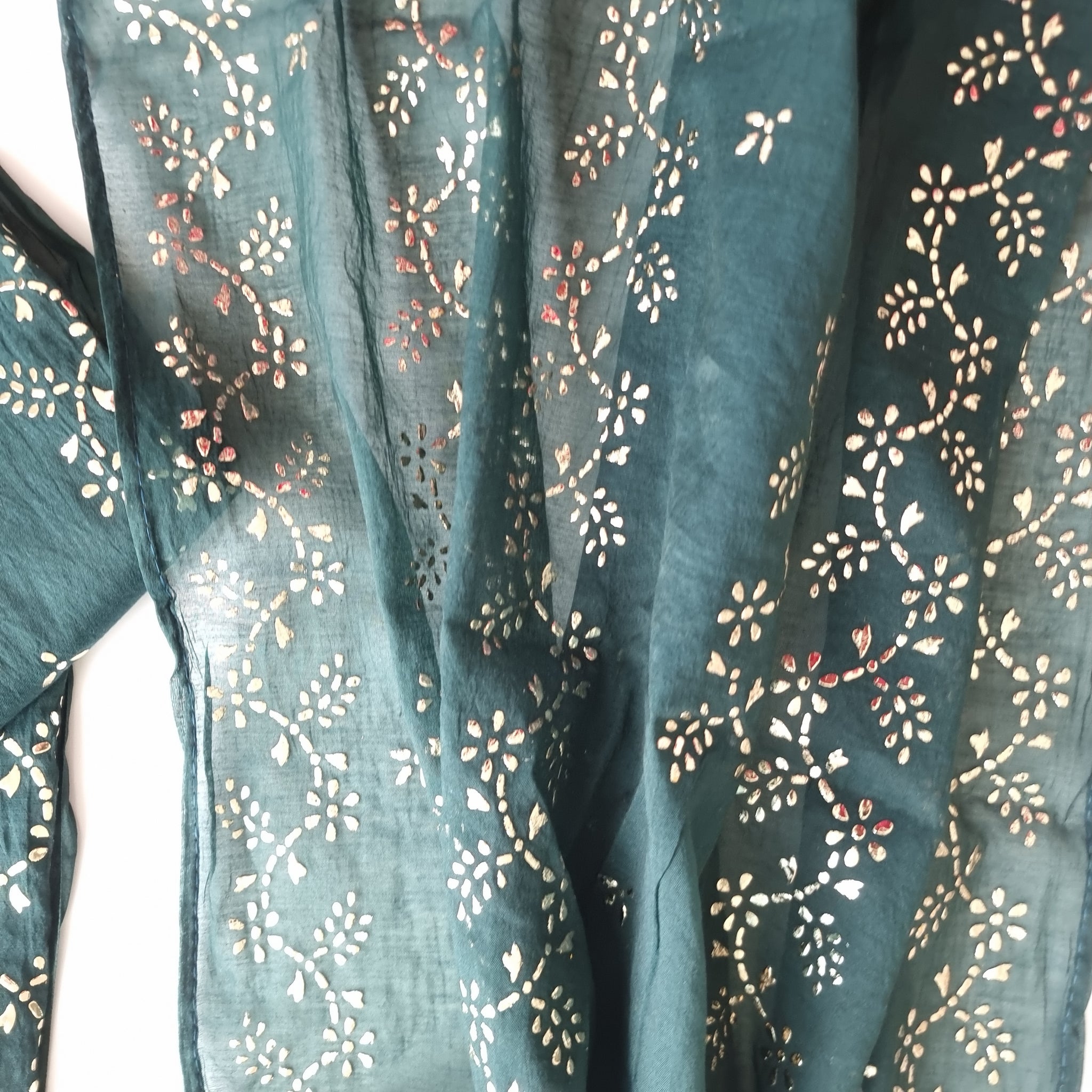 Peacock color Mul Chanderi dress material with  Pasted mukaish work