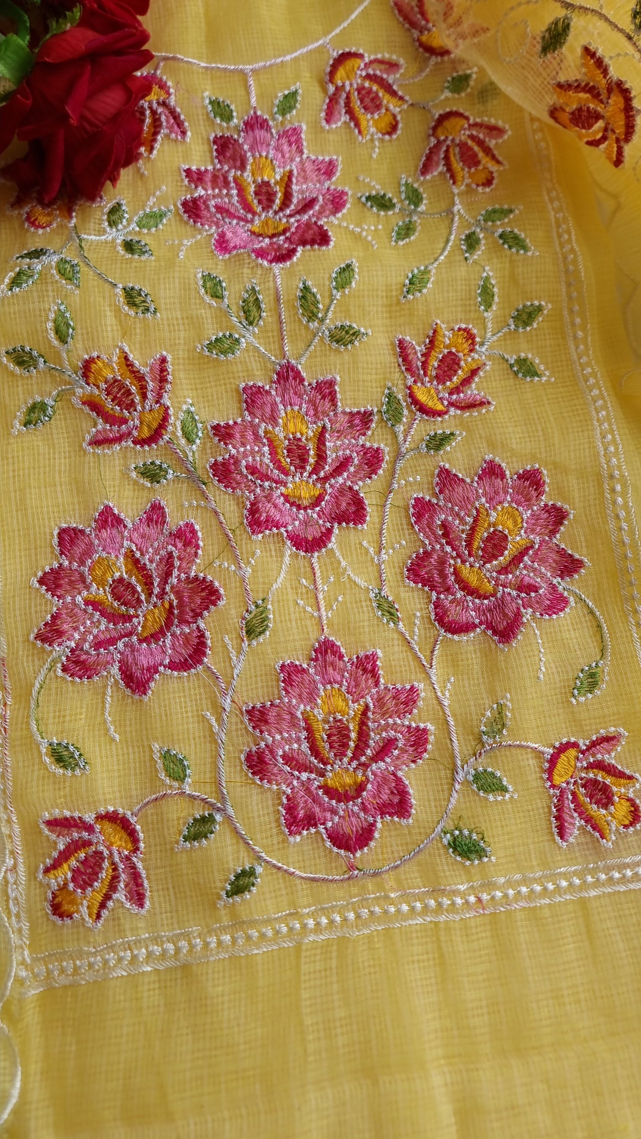 Yellow Kotta embroidered kurta dupatta set Unstitched