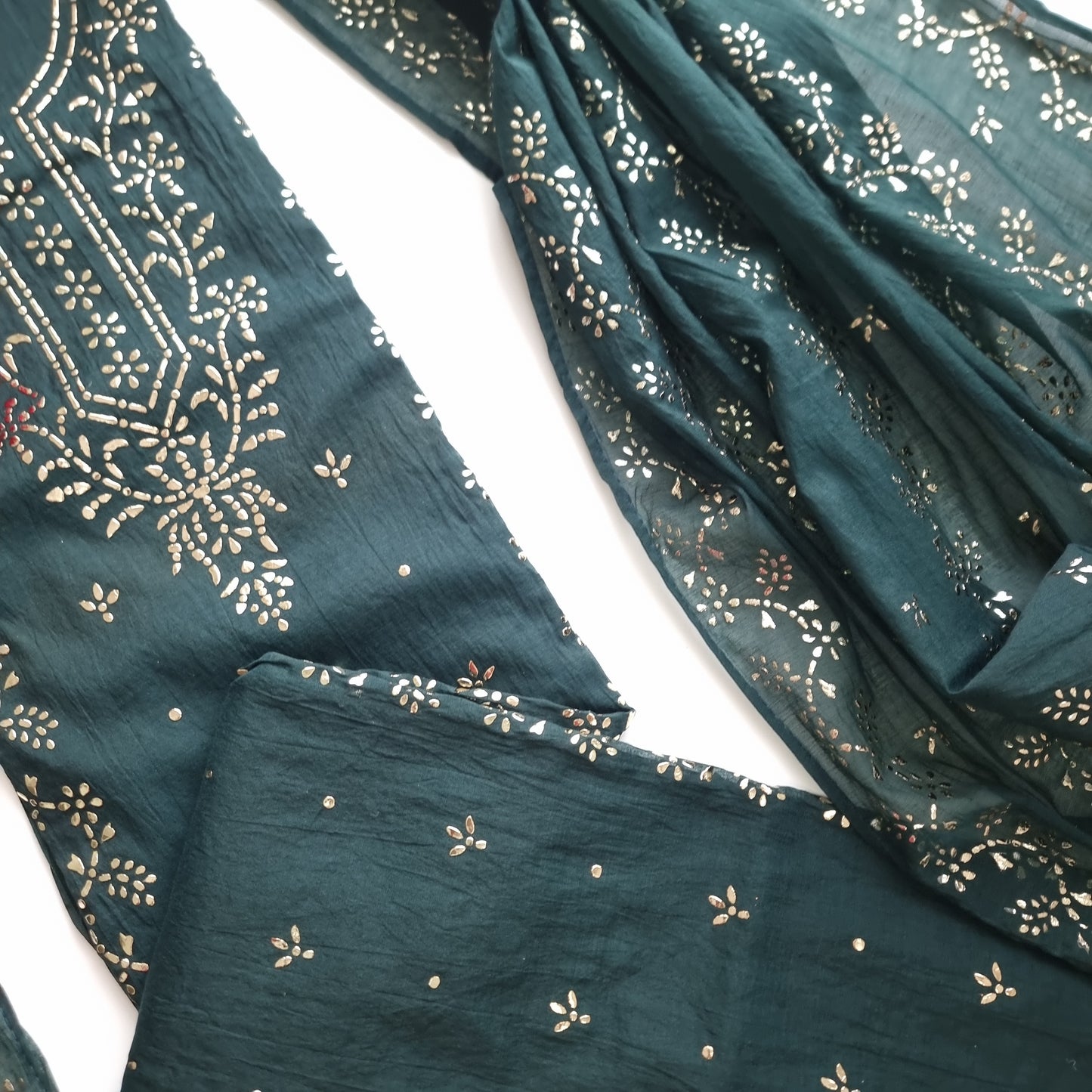 Peacock color Mul Chanderi dress material with  Pasted mukaish work