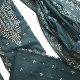 Peacock color Mul Chanderi dress material with  Pasted mukaish work