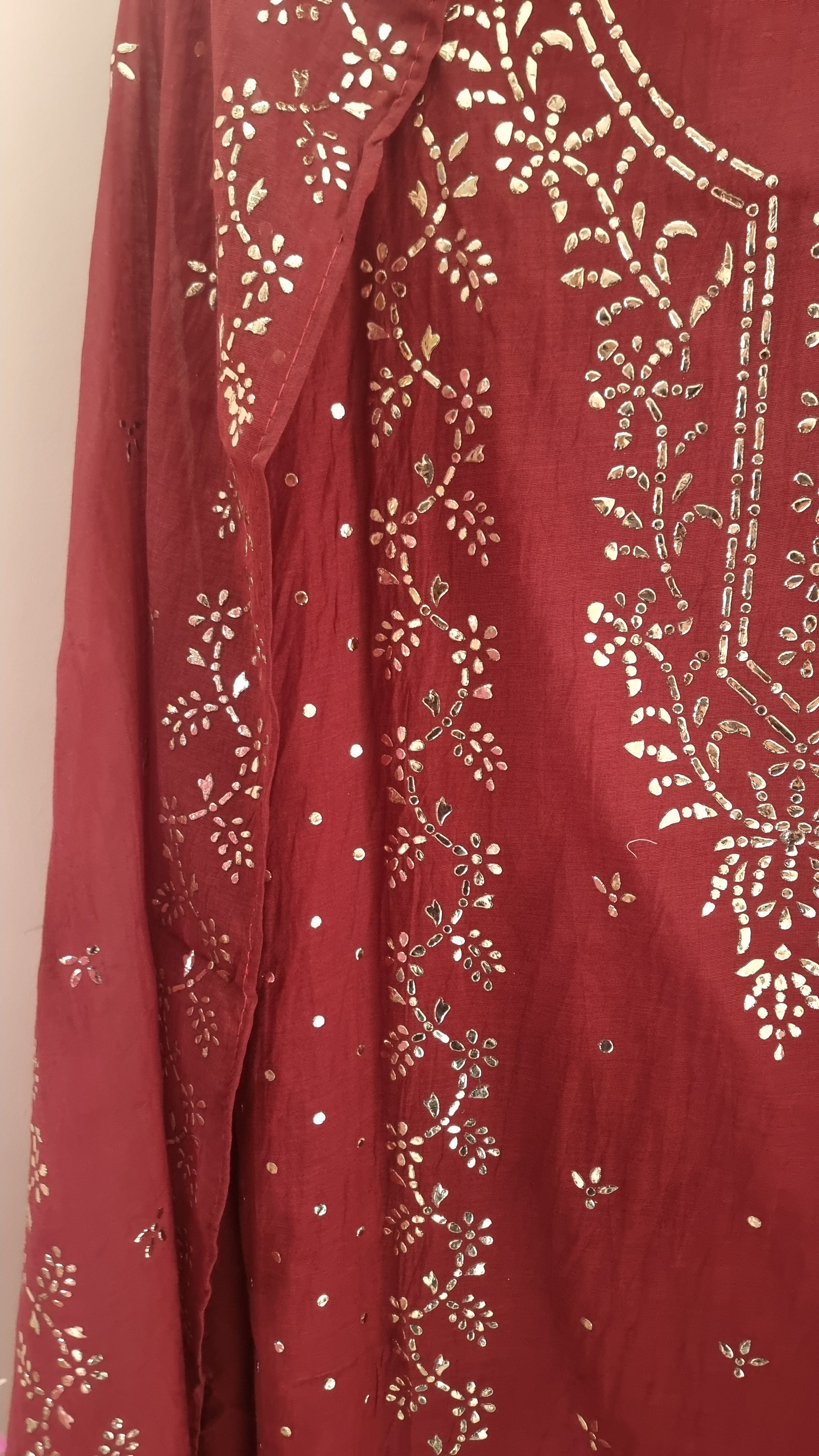 Maroon Mul Chanderi dress material with  Pasted mukaish work