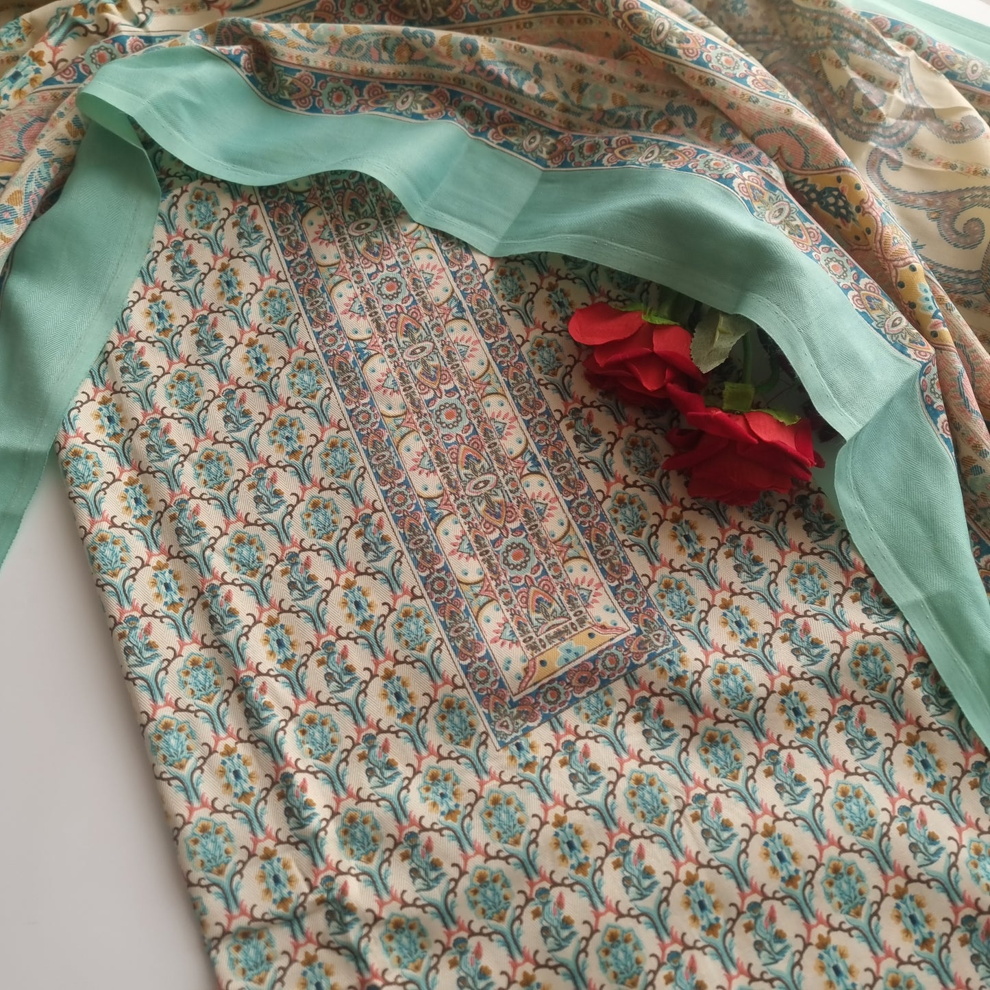 Green Prinred Pashmina Unstitched suit set