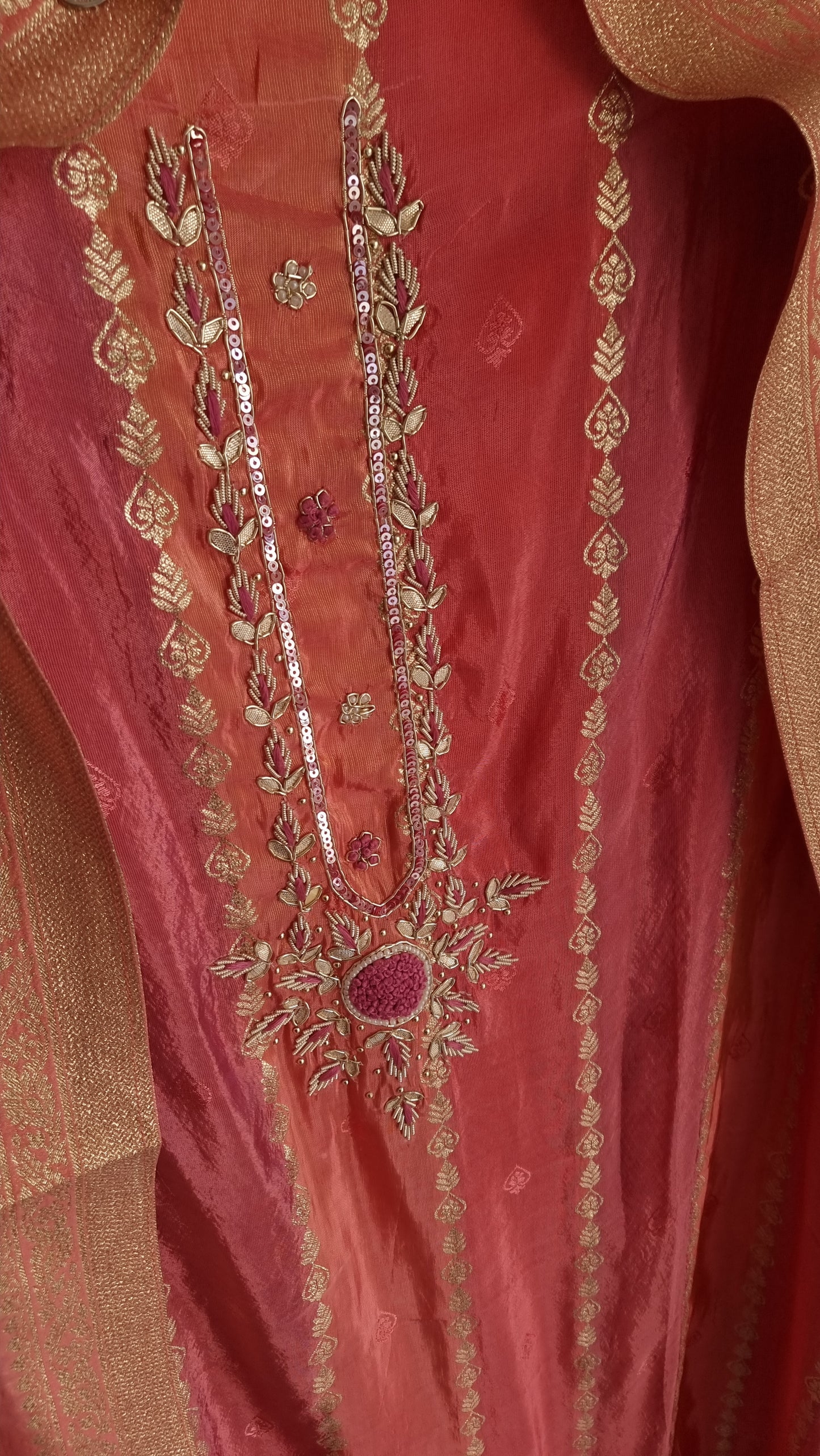 Kanjivaram Silk with dabka embroidery Unstitched suit.