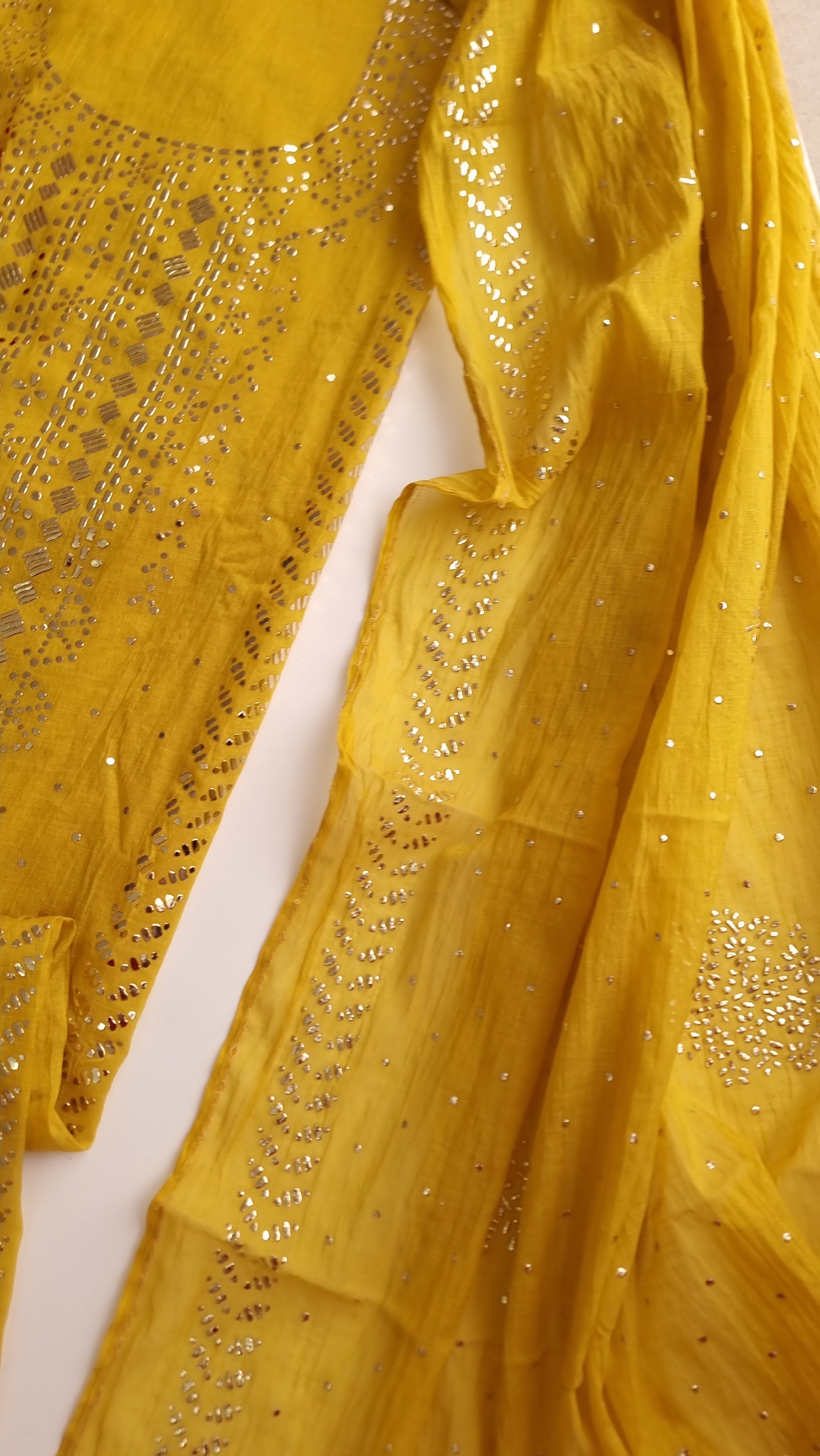 Yellow Mul Chanderi dress material with  Pasted mukaish work