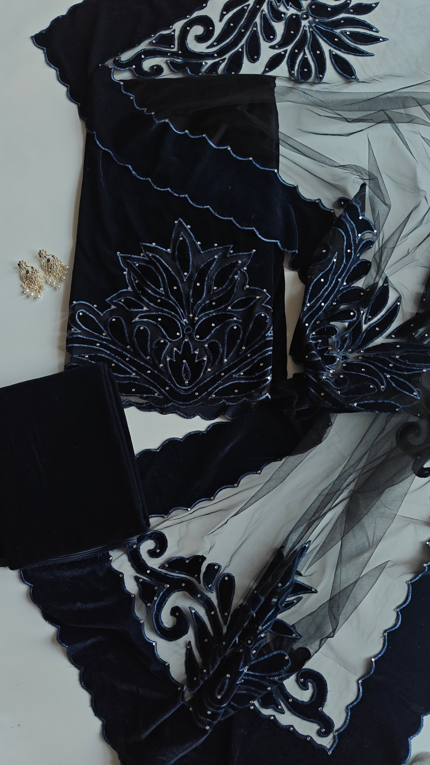 Blue color Velvet cut work designer party wear unstitched suit set