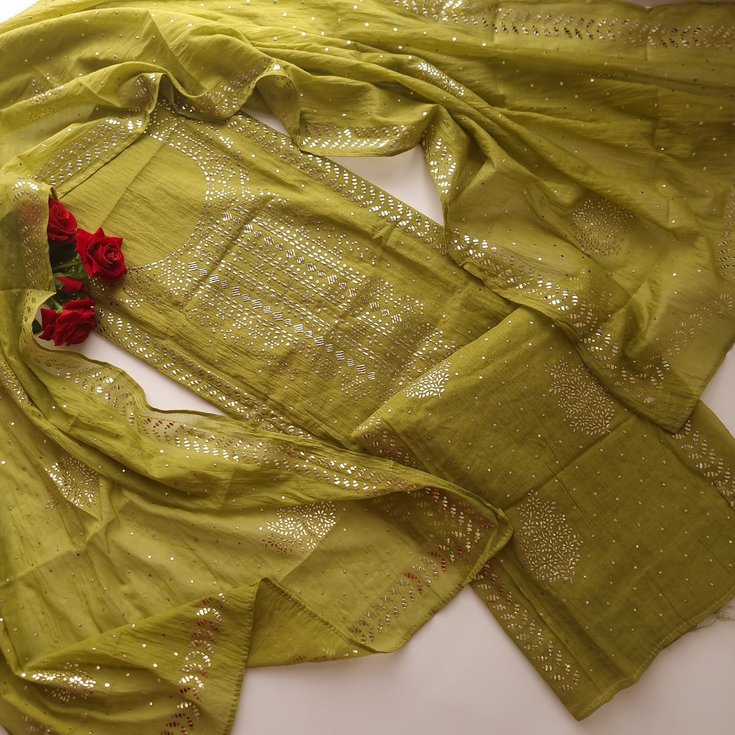 Green Mul Chanderi dress material with  Pasted mukaish work