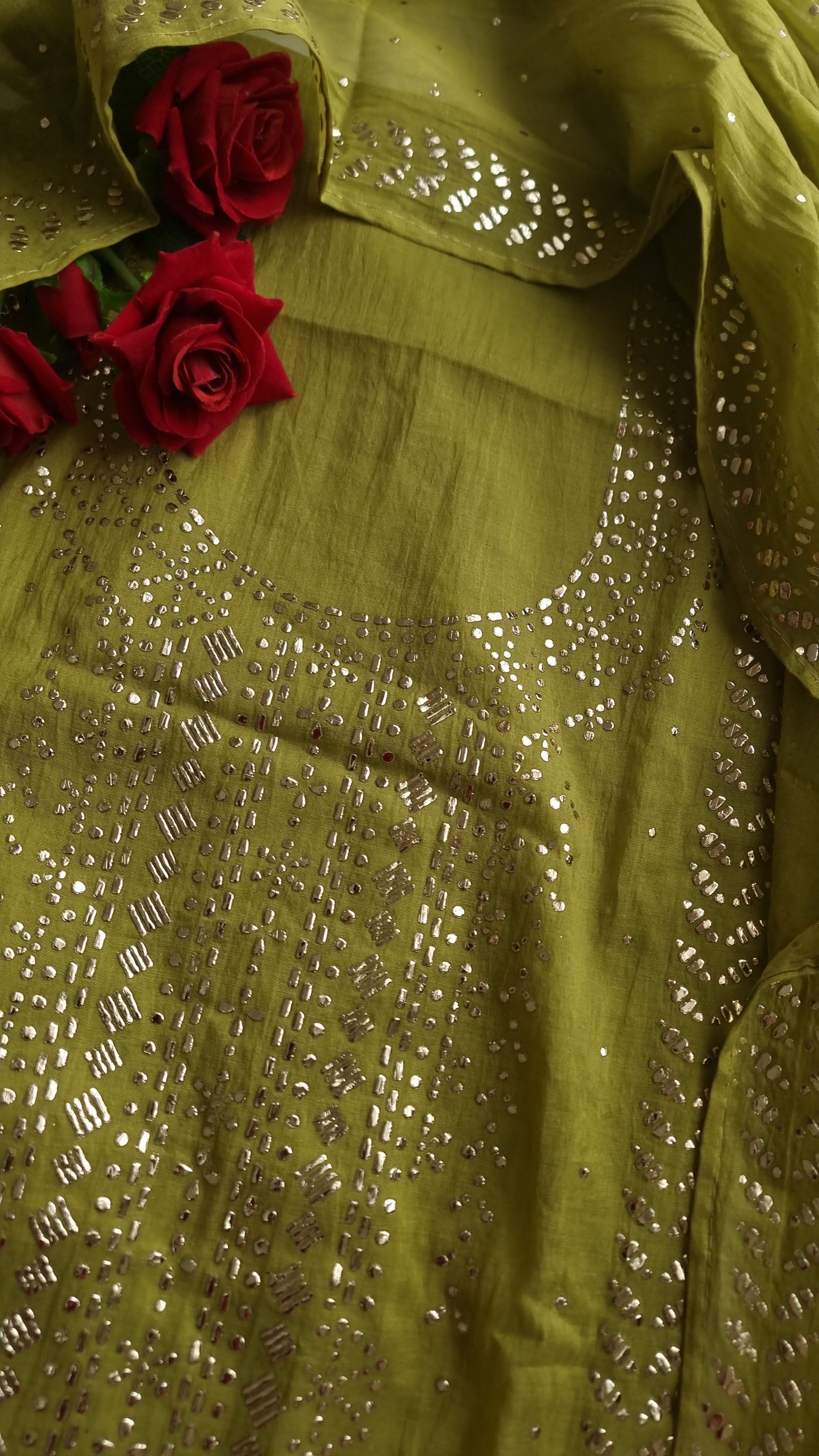 Green Mul Chanderi dress material with  Pasted mukaish work