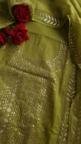 Green Mul Chanderi dress material with  Pasted mukaish work