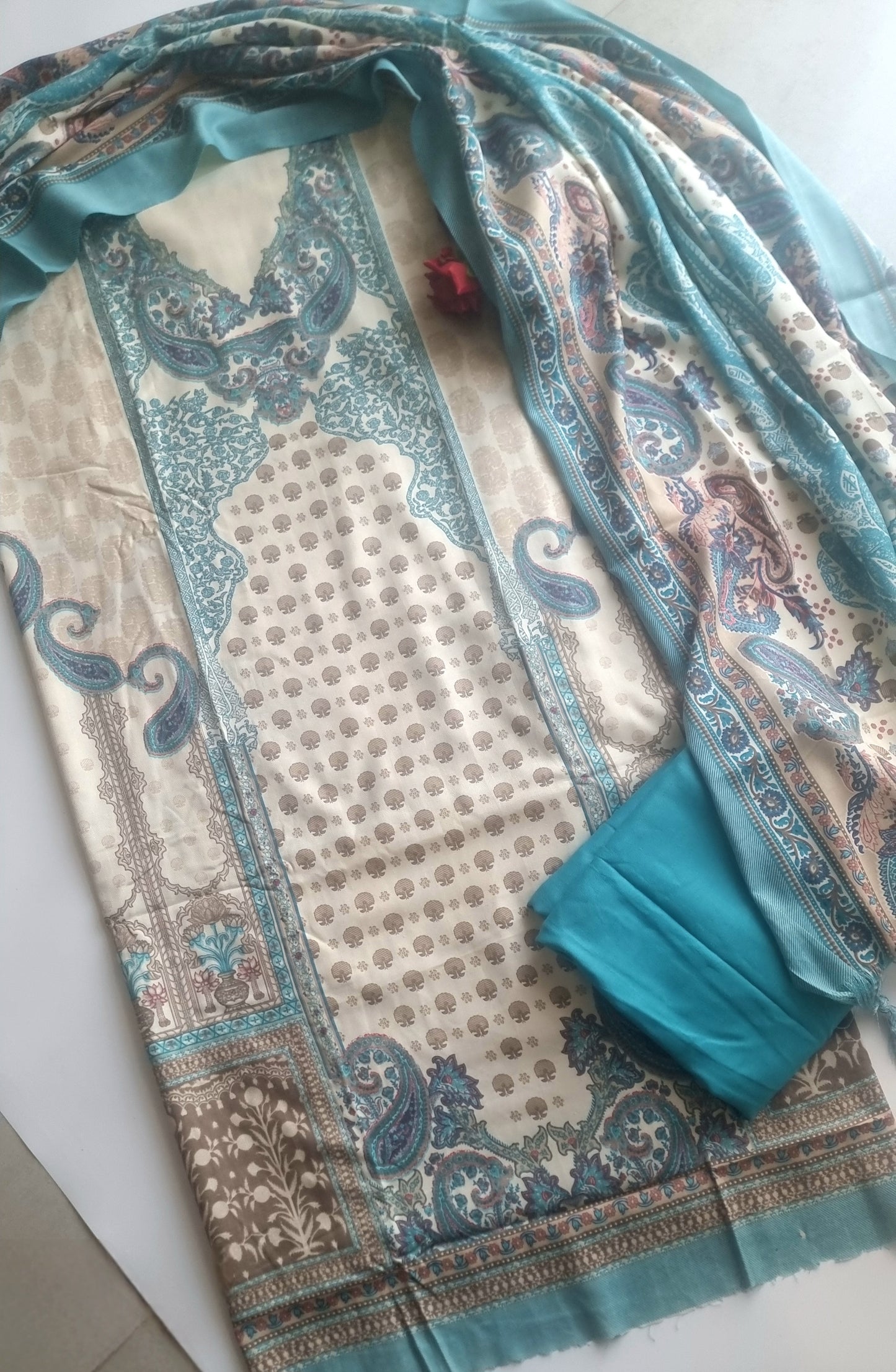 Blue Printed Pashmina Unstitched suit set