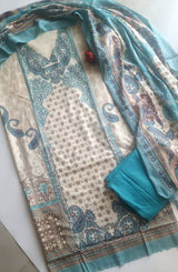 Blue Printed Pashmina Unstitched suit set
