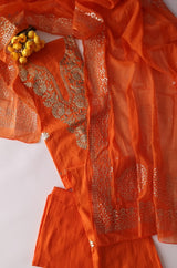 Orange Mul Chanderi dress material with pitta and mukaish work