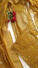 Yellow Mul Chanderi dress material with Pasted mukaish work