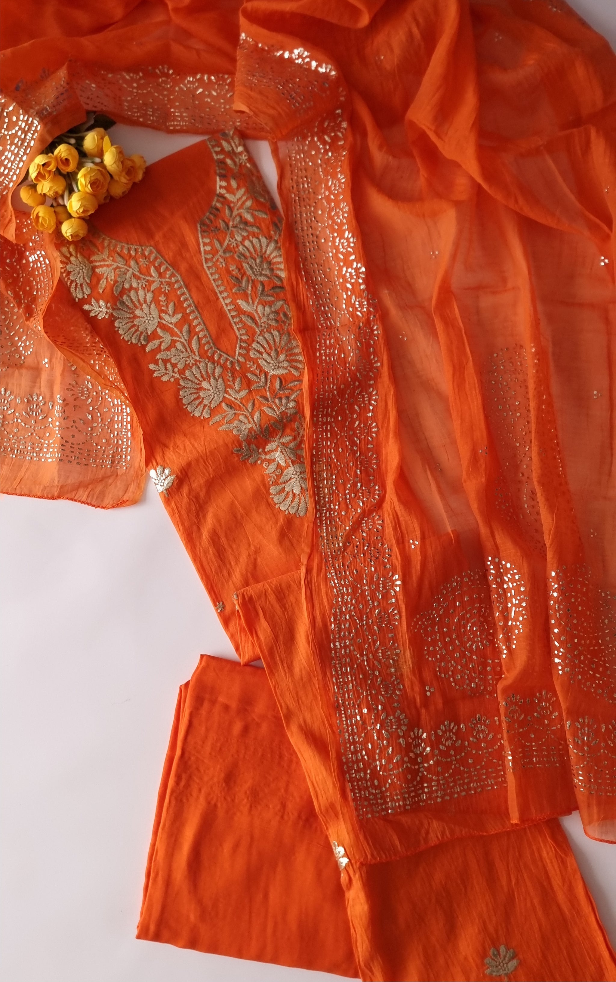 Orange Mul Chanderi dress material with pitta and mukaish work