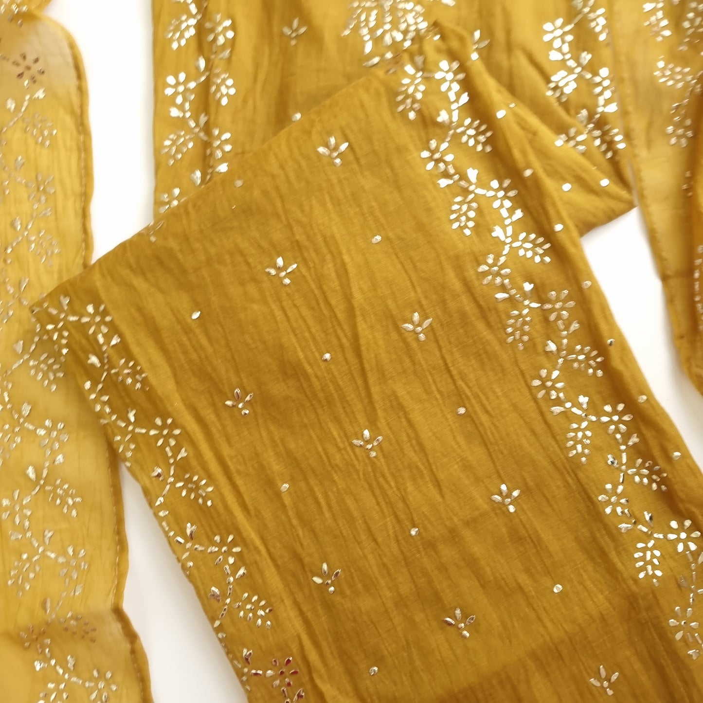 Yellow Mul Chanderi dress material with Pasted mukaish work