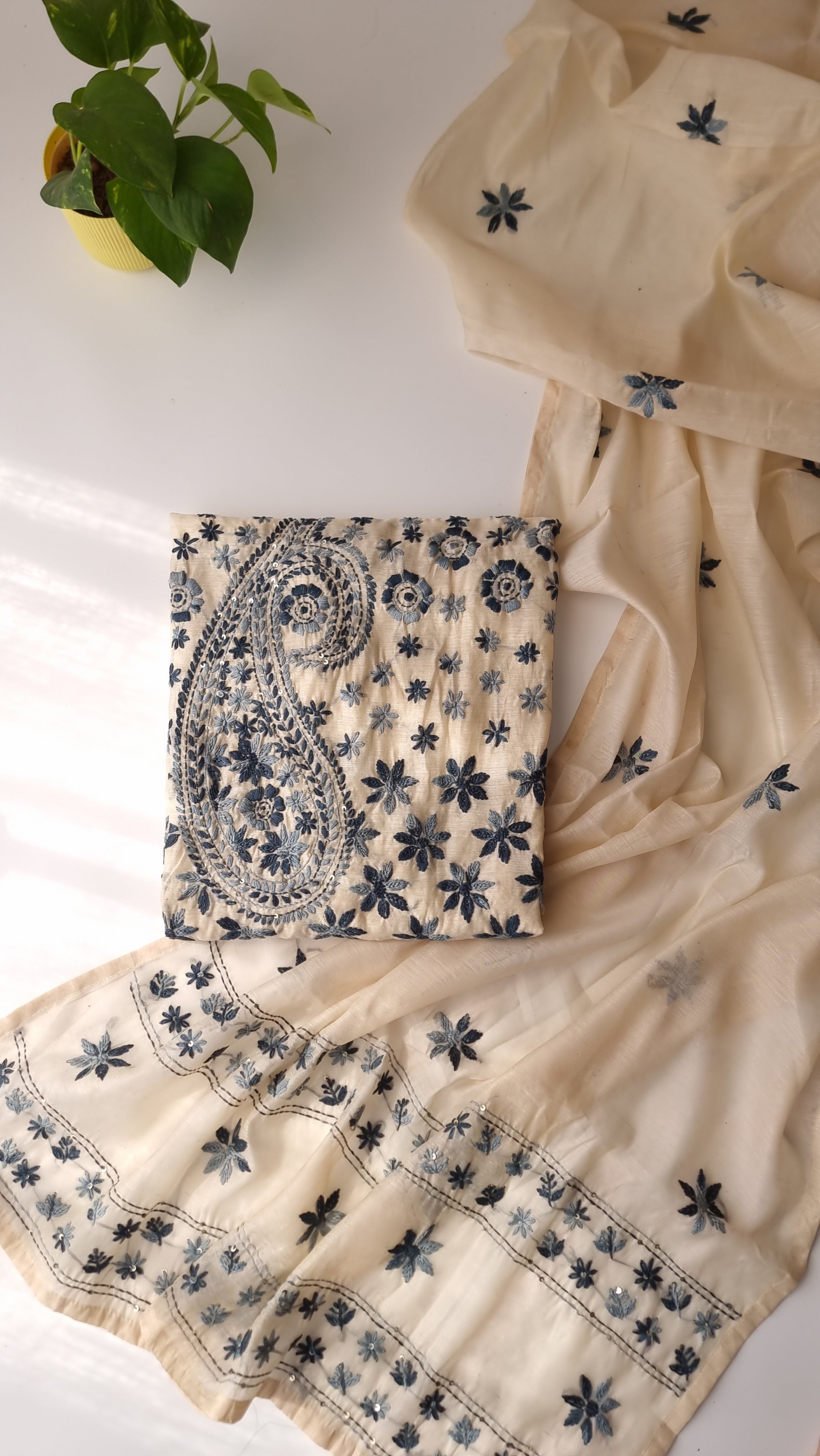 Chanderi knot embroidery Unstitched suit material