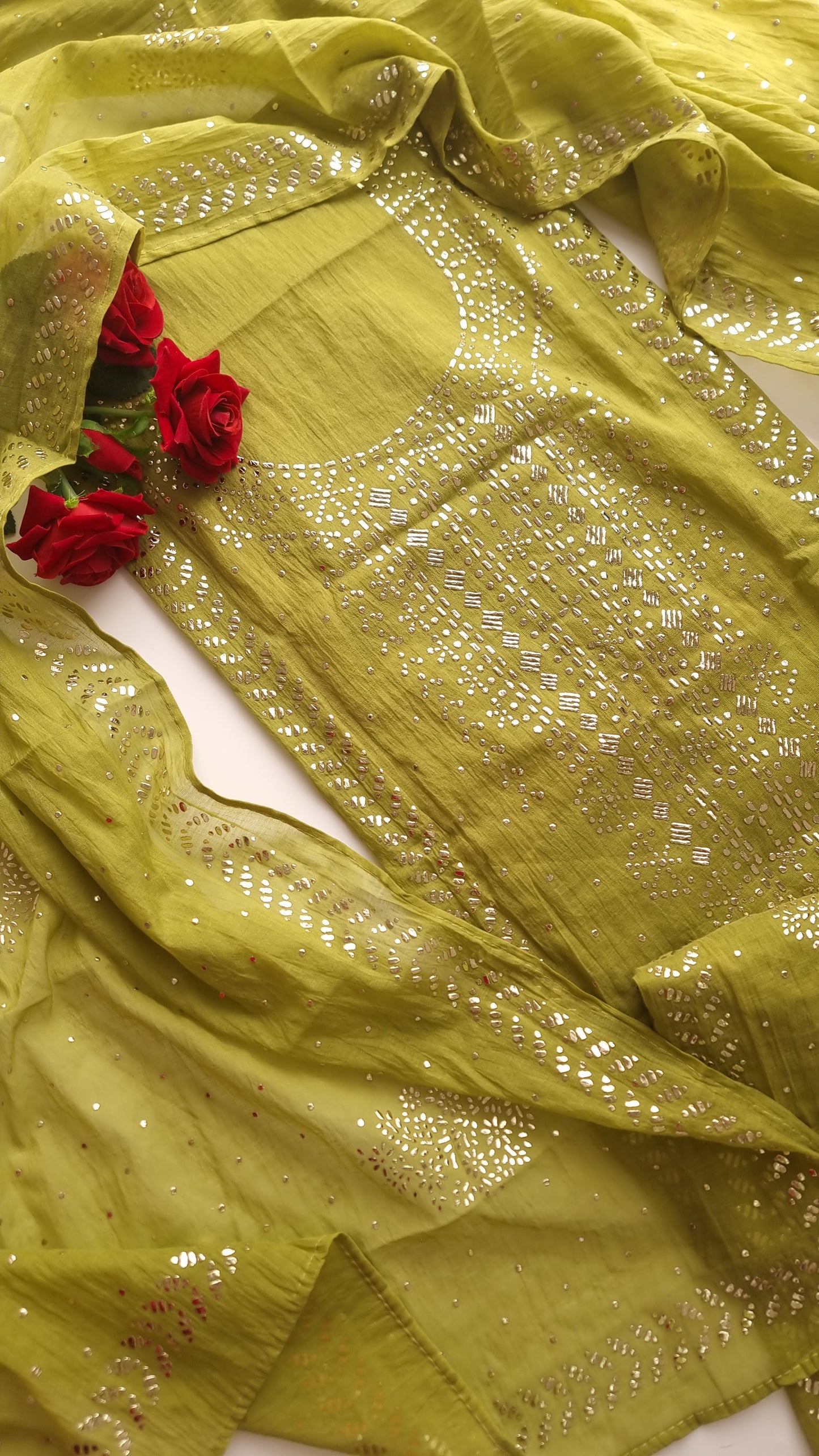 Green Mul Chanderi dress material with  Pasted mukaish work