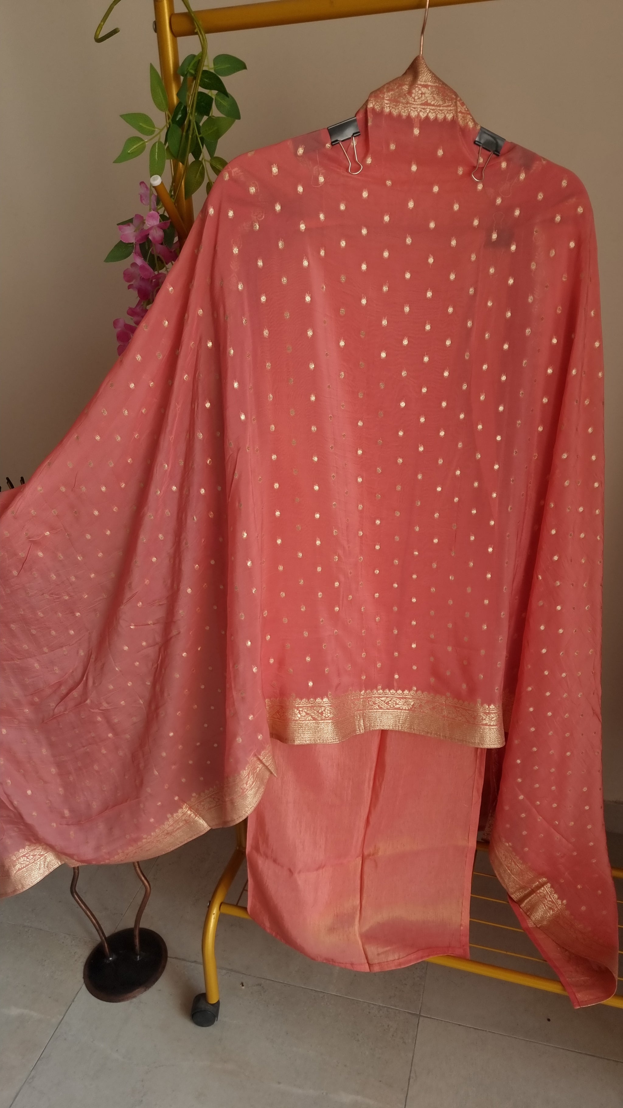 Kanjivaram Silk with dabka embroidery Unstitched suit.