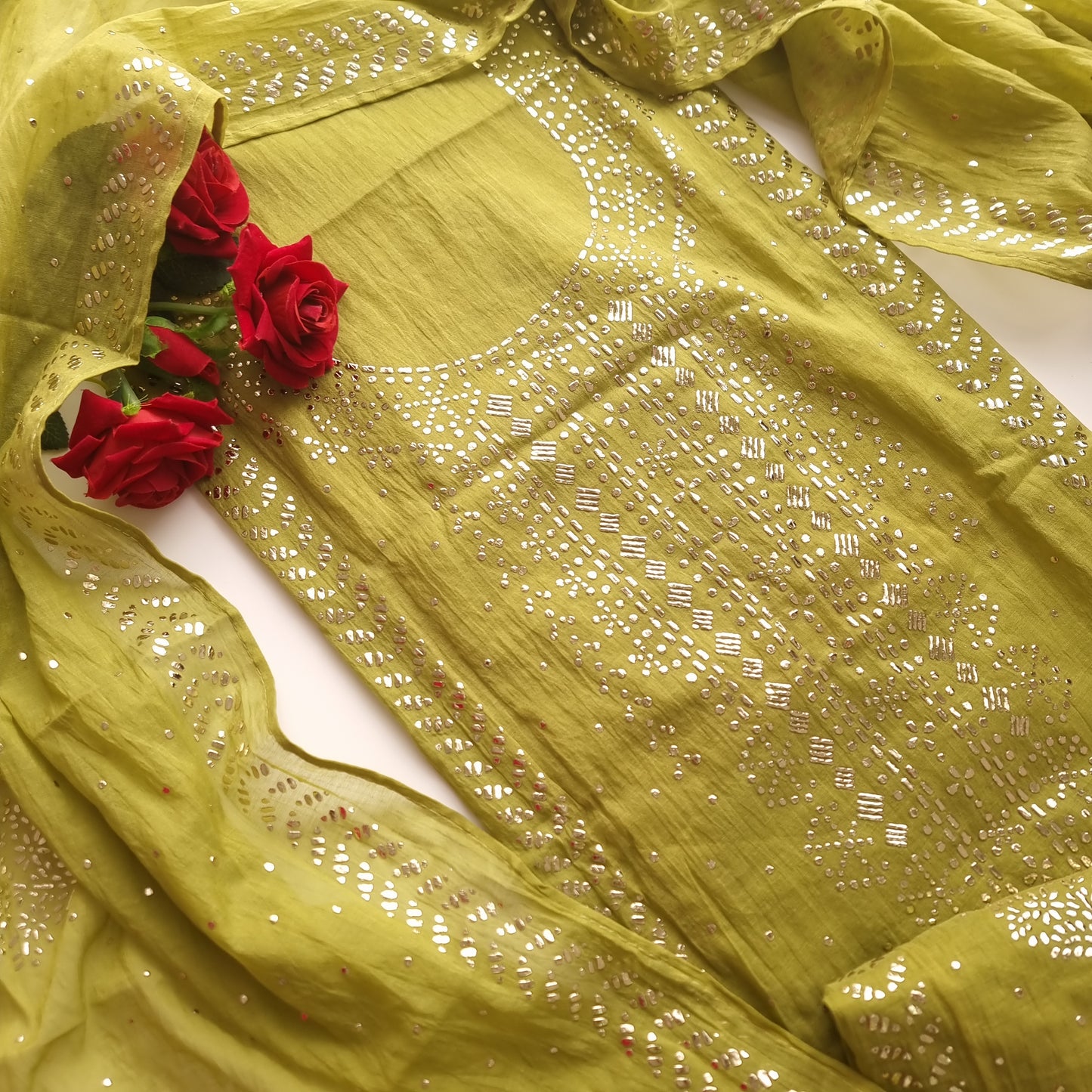 Green Mul Chanderi dress material with  Pasted mukaish work