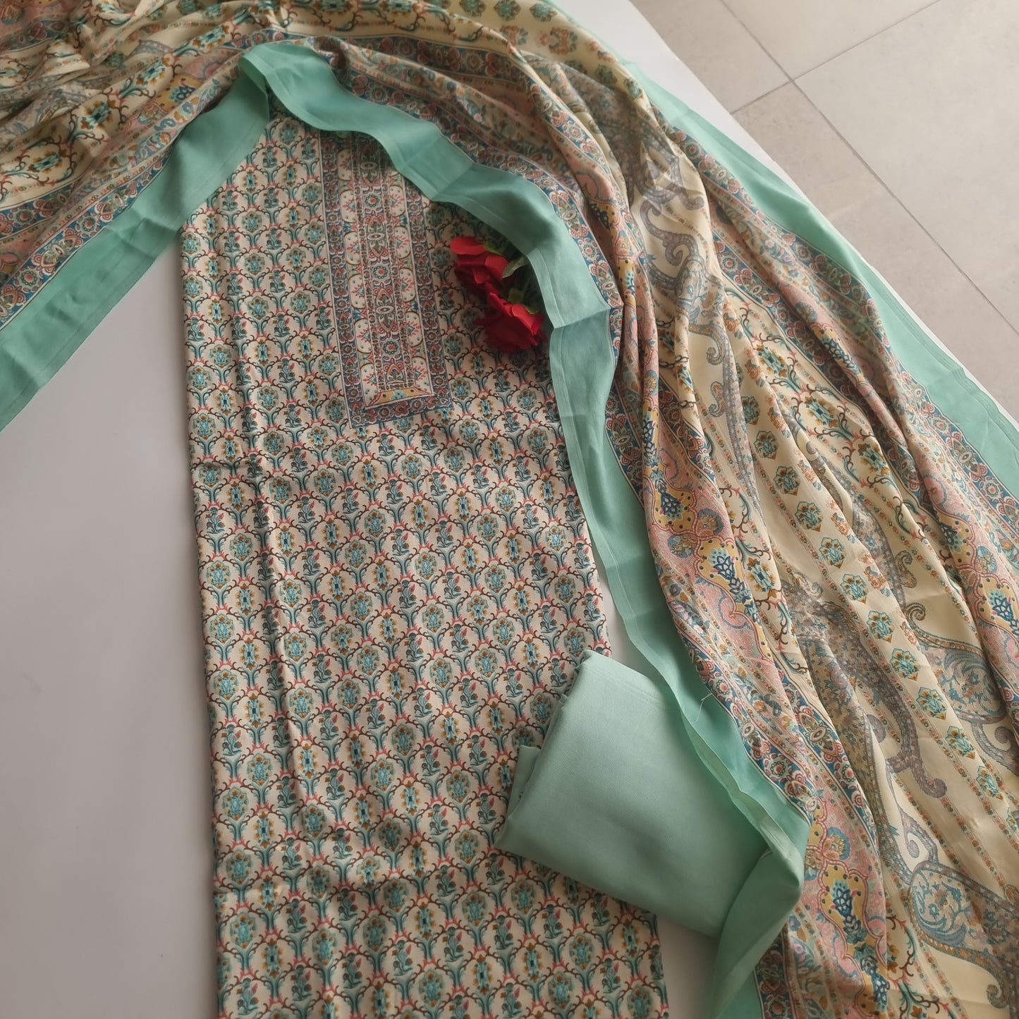 Green Prinred Pashmina Unstitched suit set