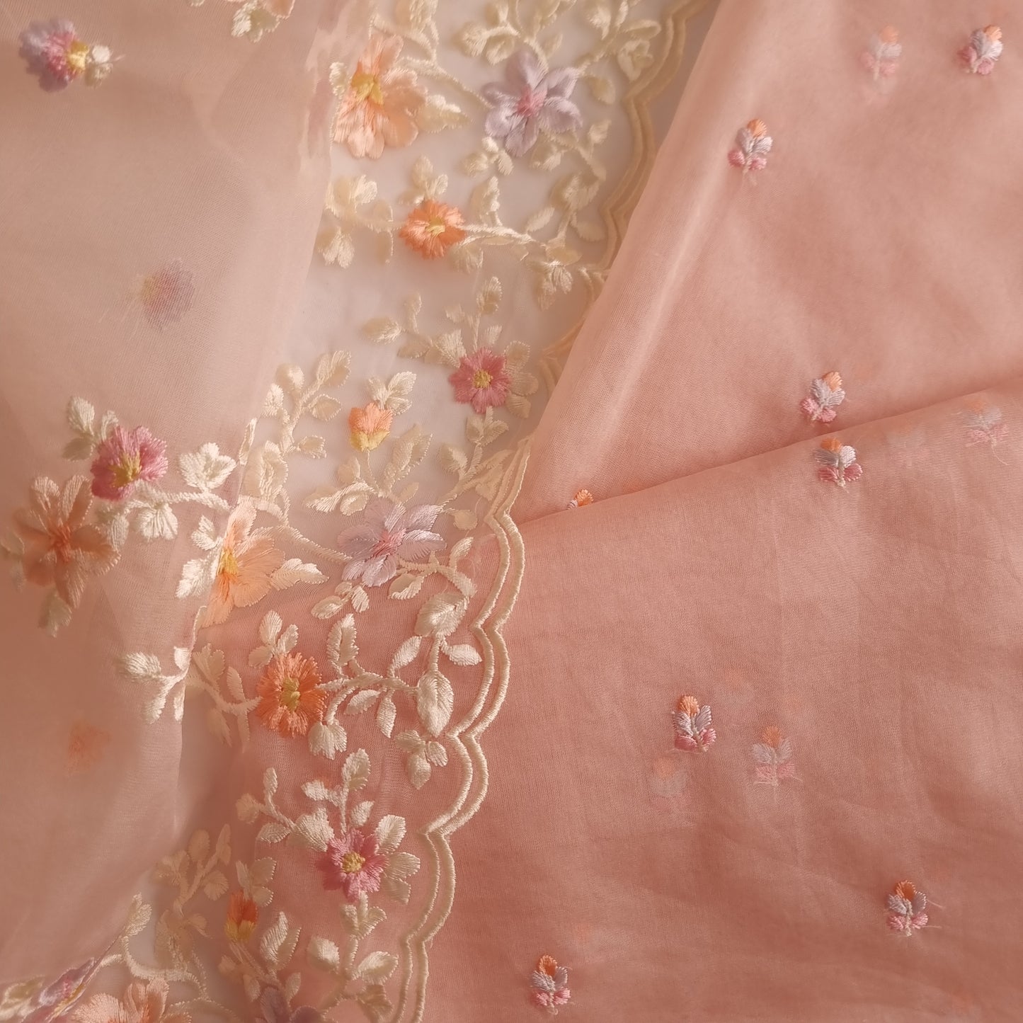 Peach Pink Parsi Embroidery on tissue fabric Unstitched Suit Material - 3 Piece set for women