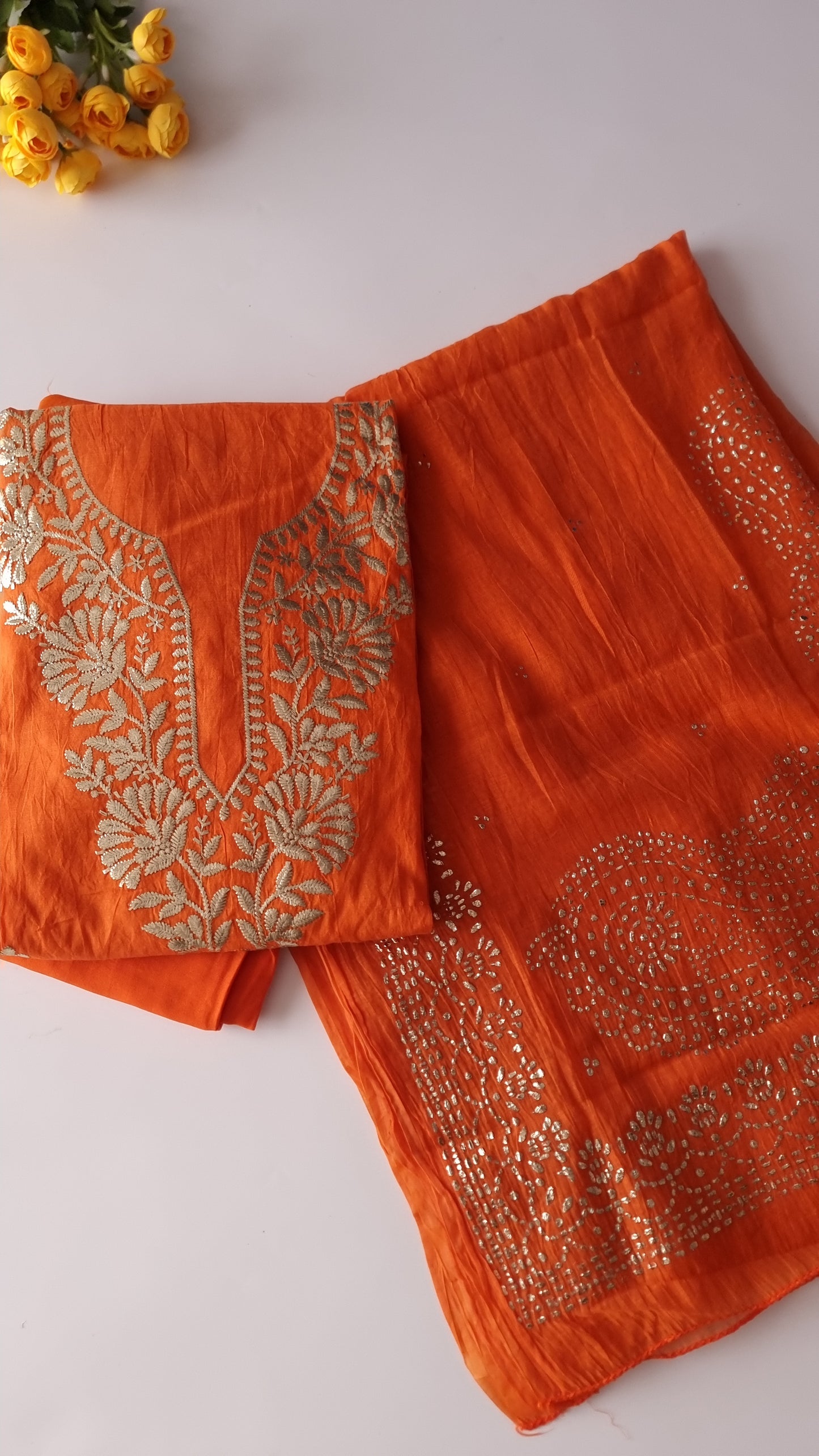 Orange Mul Chanderi dress material with pitta and mukaish work