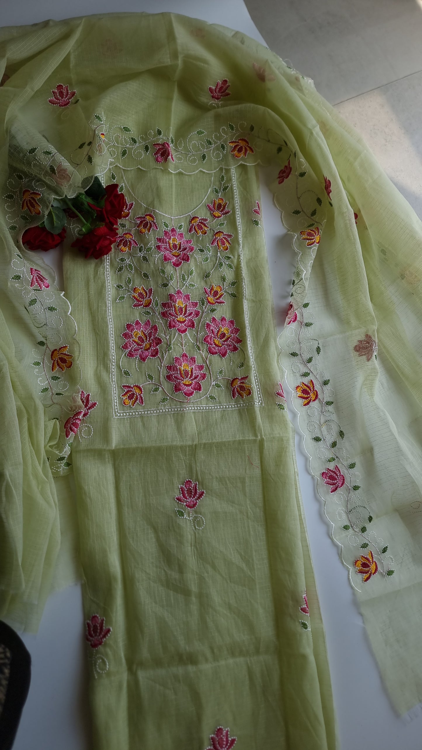 Green Kotta embroidered kurta dupatta set Unstitched