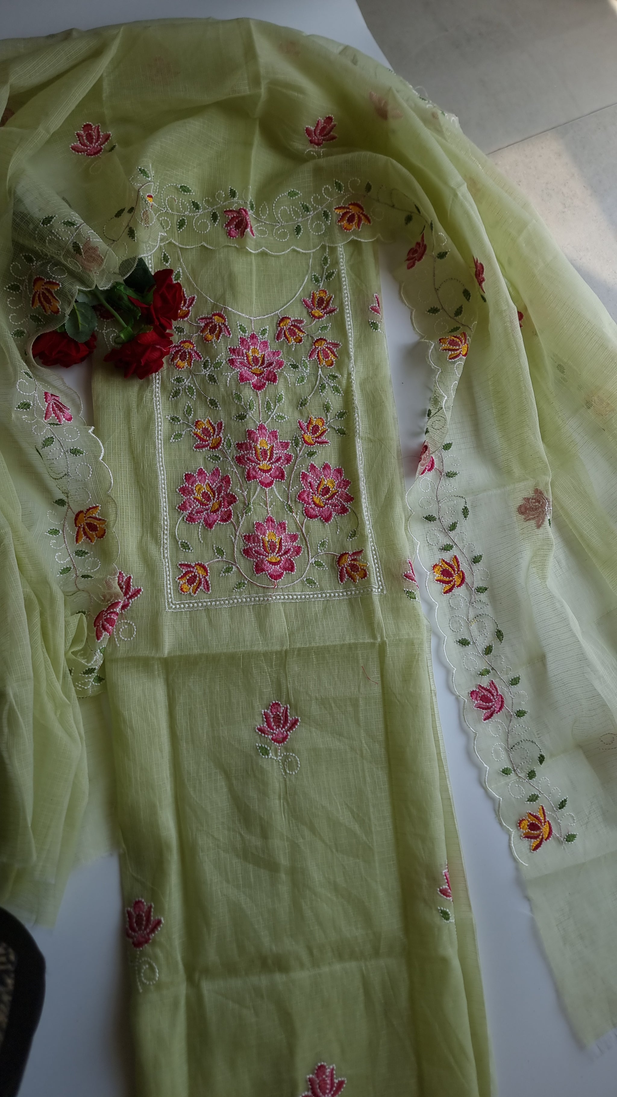 Green Kotta embroidered kurta dupatta set Unstitched