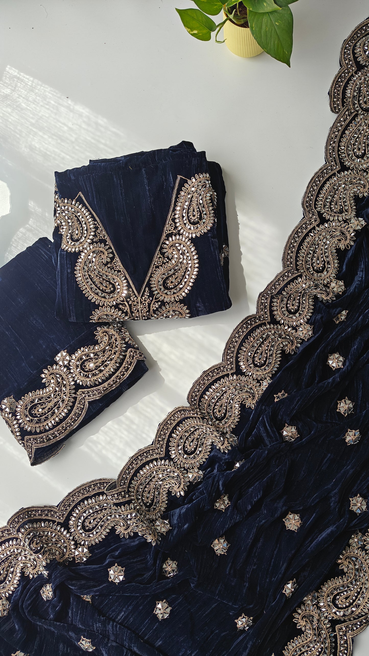 Crush Velvet mirror work party wear unstitched suit set