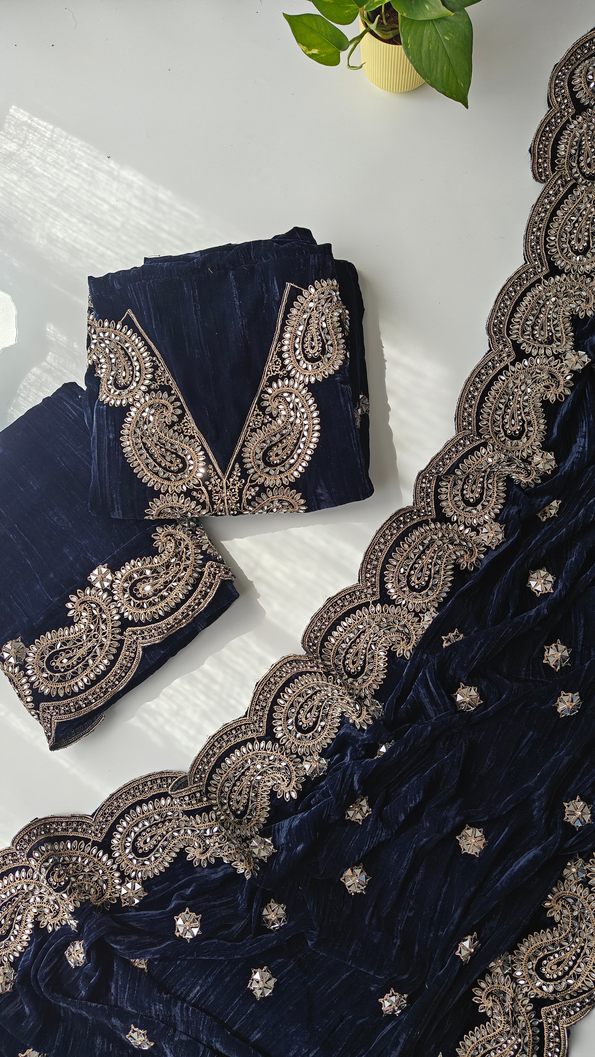 Crush Velvet mirror work party wear unstitched suit set