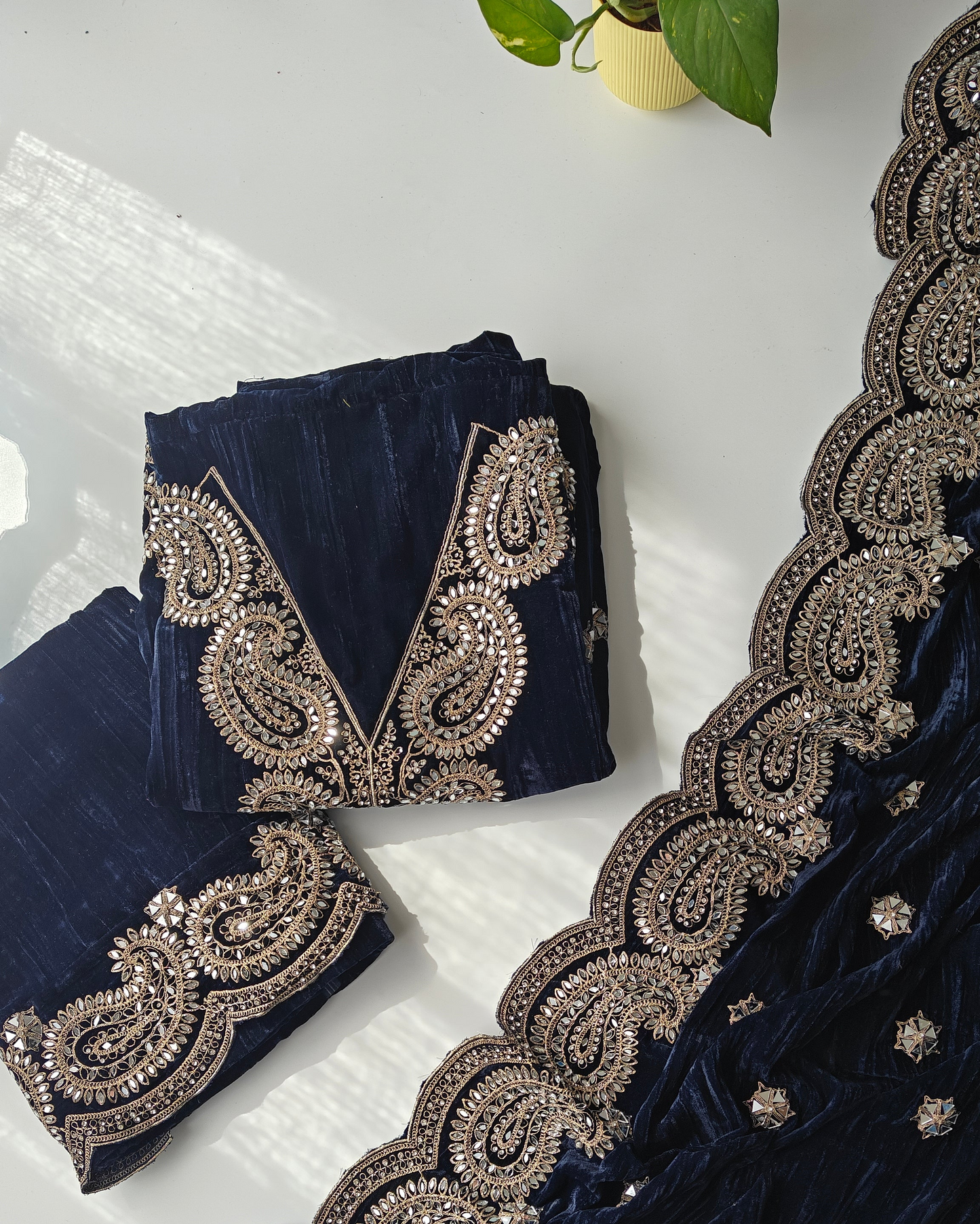 Crush Velvet mirror work party wear unstitched suit set