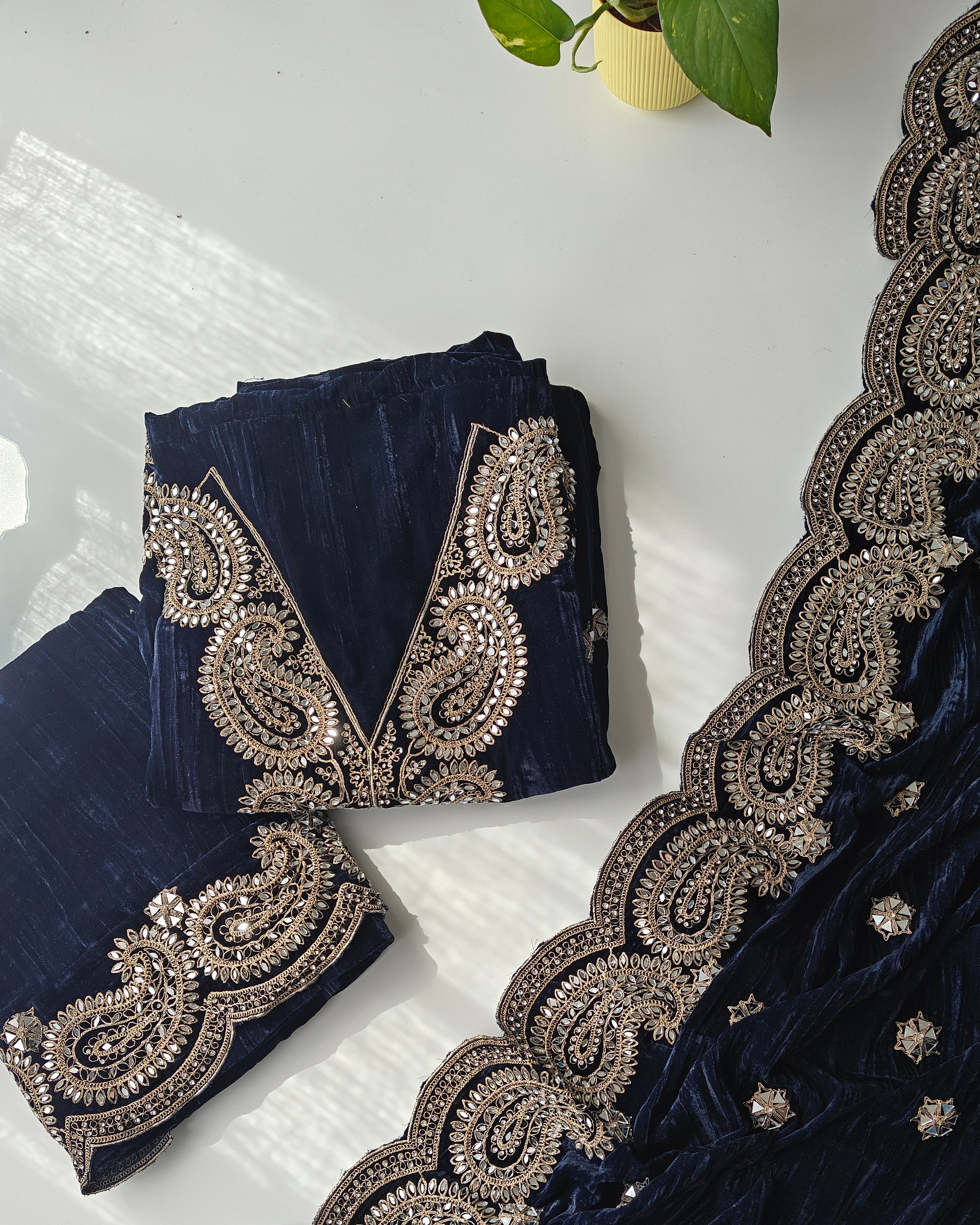 Crush Velvet mirror work party wear unstitched suit set