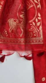 Red Vedika Silk Unstitched suit material