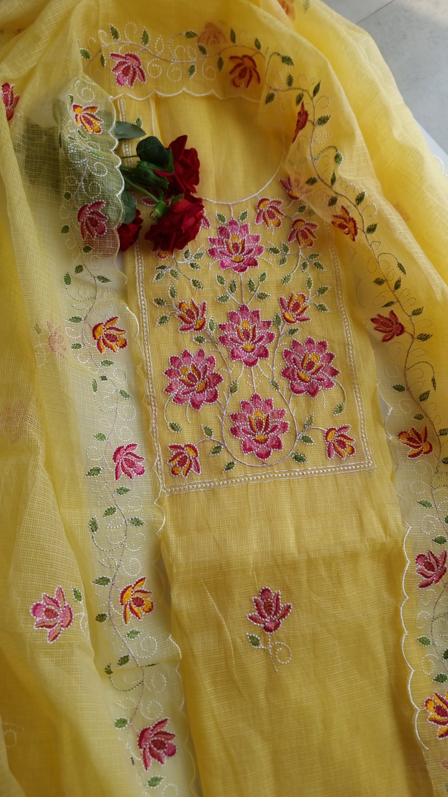 Yellow Kotta embroidered kurta dupatta set Unstitched